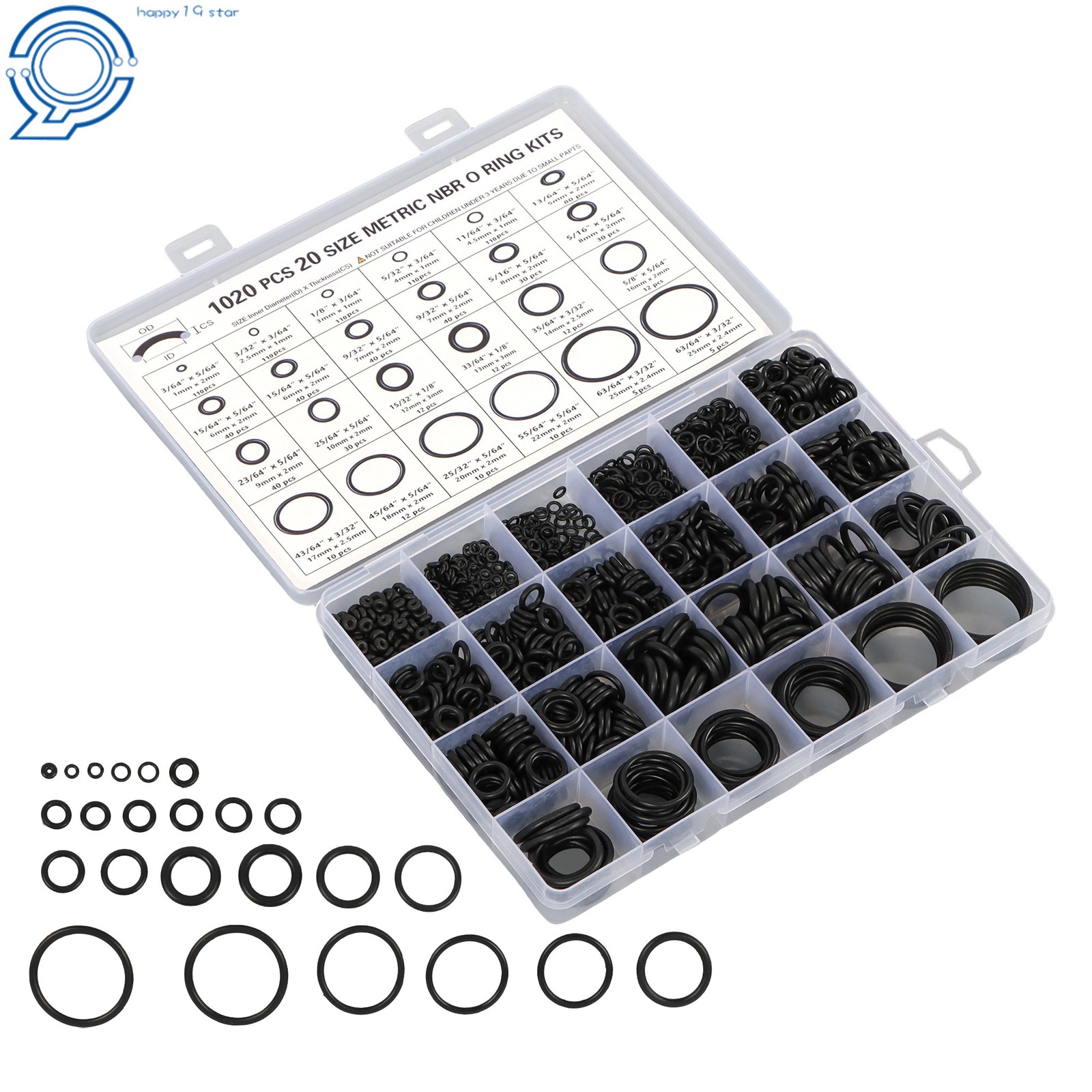 1020-Piece Nitrile Rubber O-Ring Assortment, 20 Sizes Resists Oil and Heat