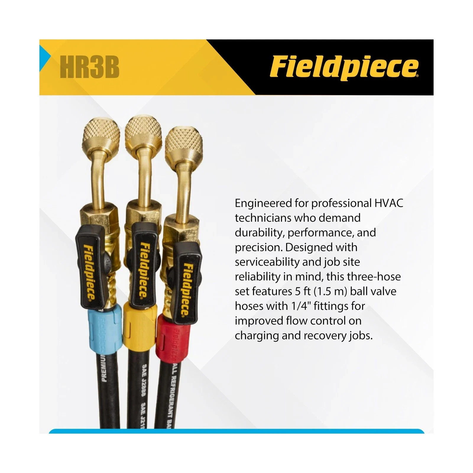 Fieldpiece HR3B – ¼” Ball Valve Hose Set – 5 ft Refrigerant Charging