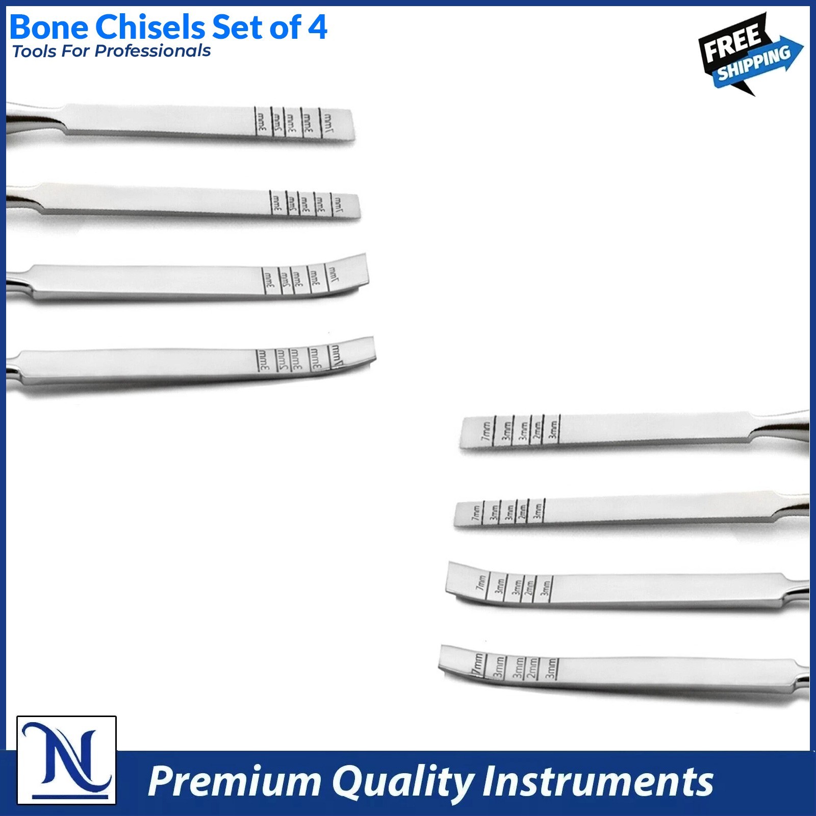 Set of 4 Dental Chisels Straight and Curved | Surgical Bone Splitting & Ridge