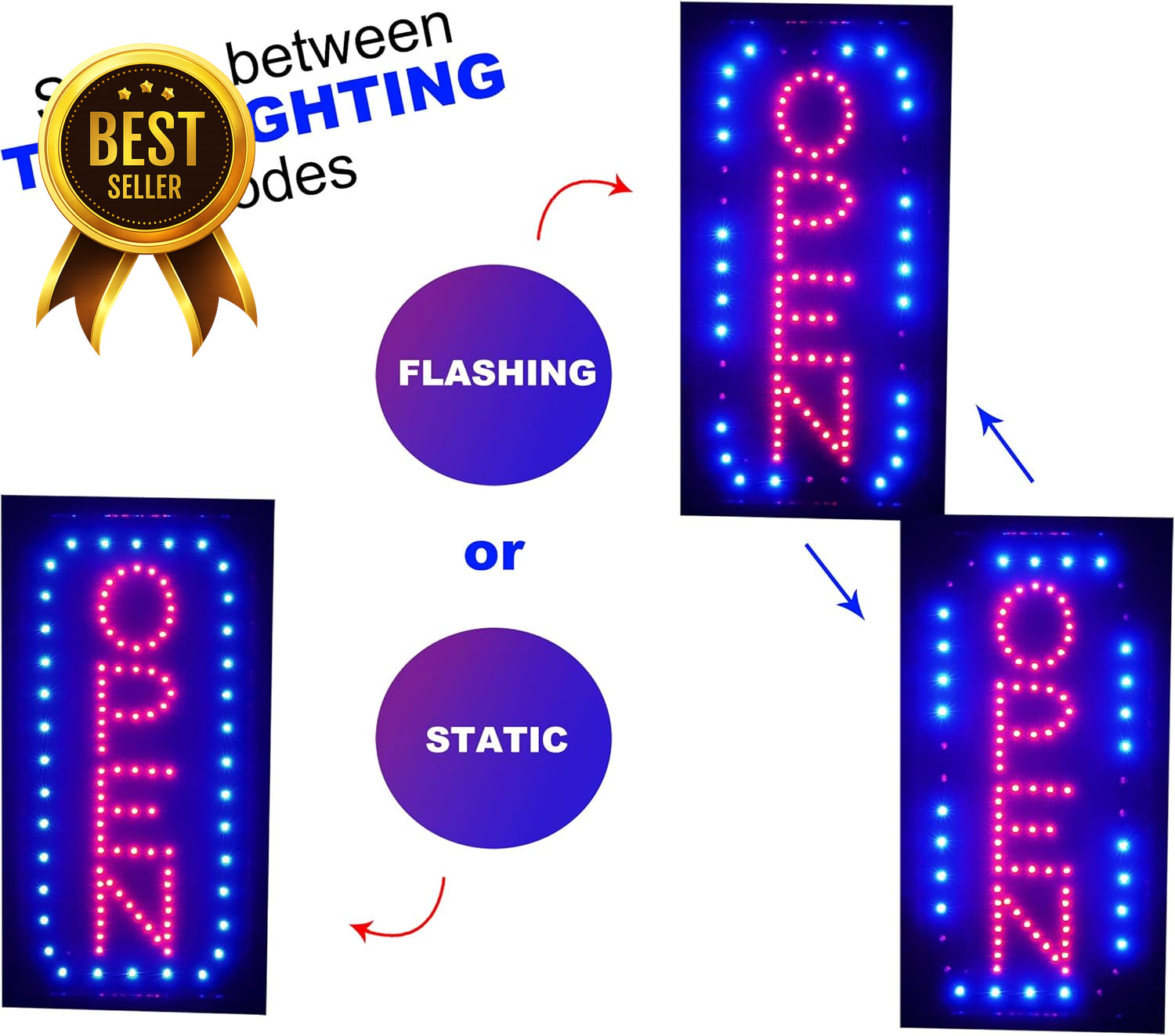 Vertical LED Open Sign with Flashing Mode Business Hours Open Closed Display