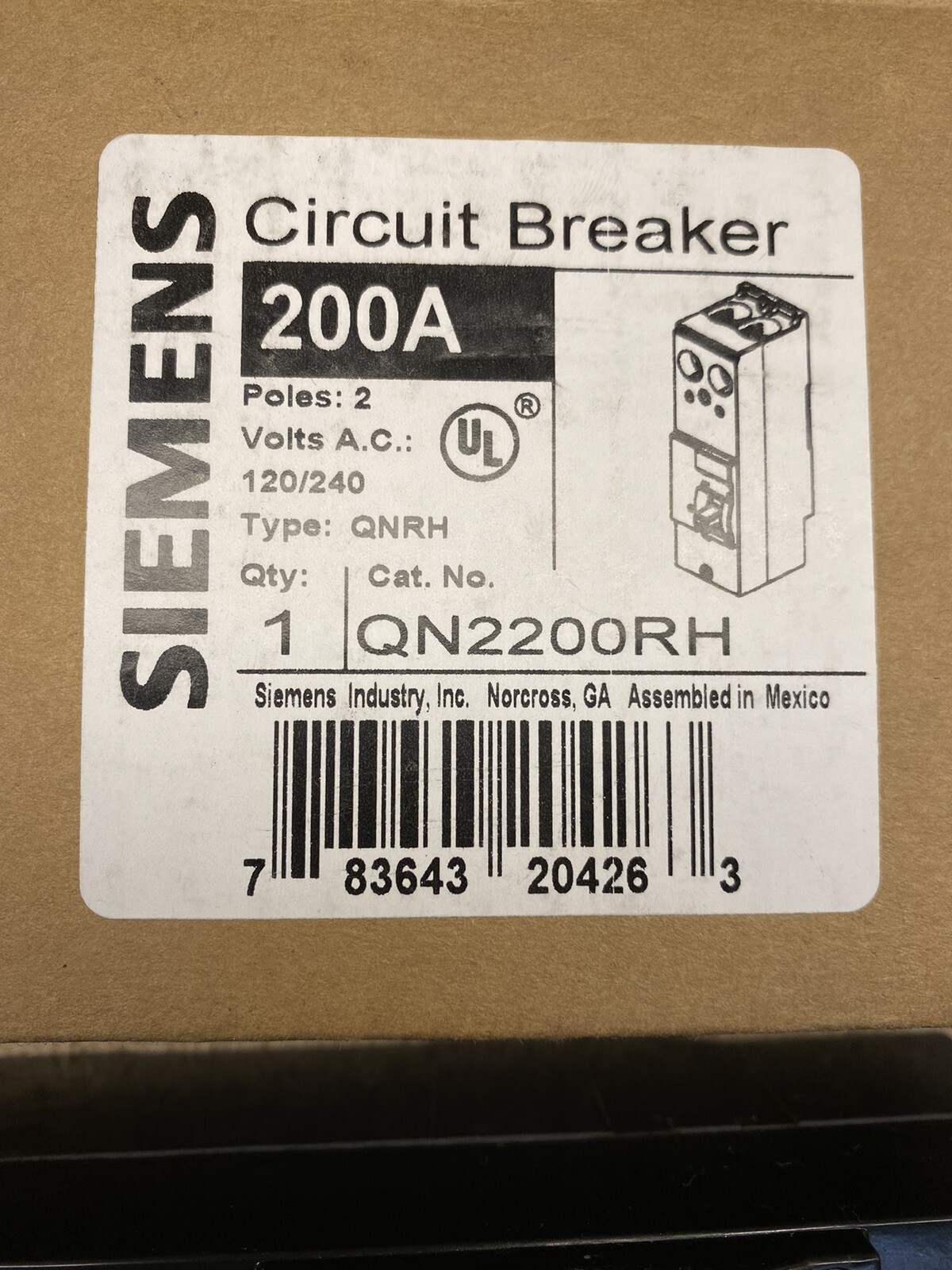 Siemens QN2200RH 200A 2 Pole 120/240v 22k AIC Single Phase Main Breaker New