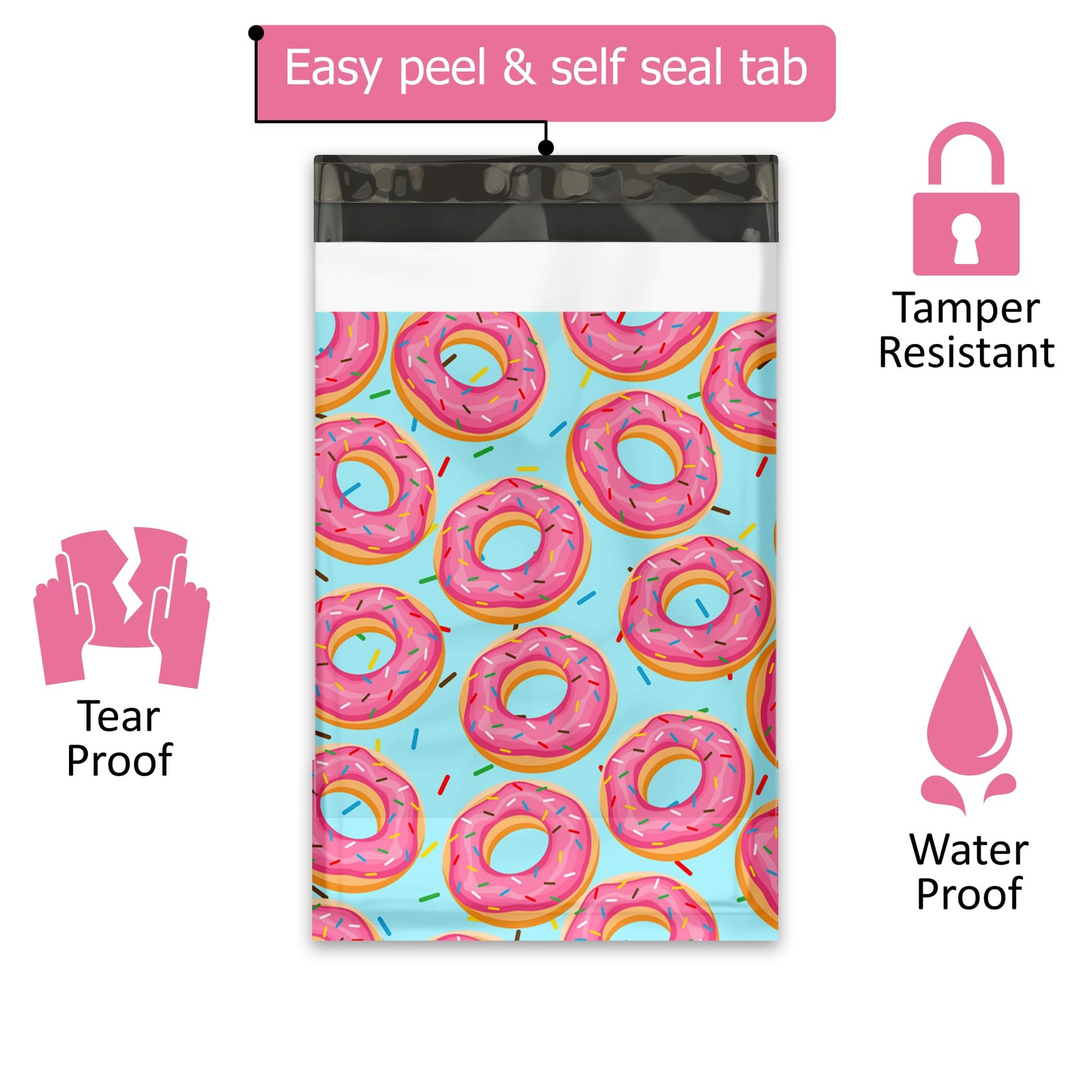 100 PCS Sprinkled Donut Designer Poly Mailer Shipping Envelope 6×9 Inch
