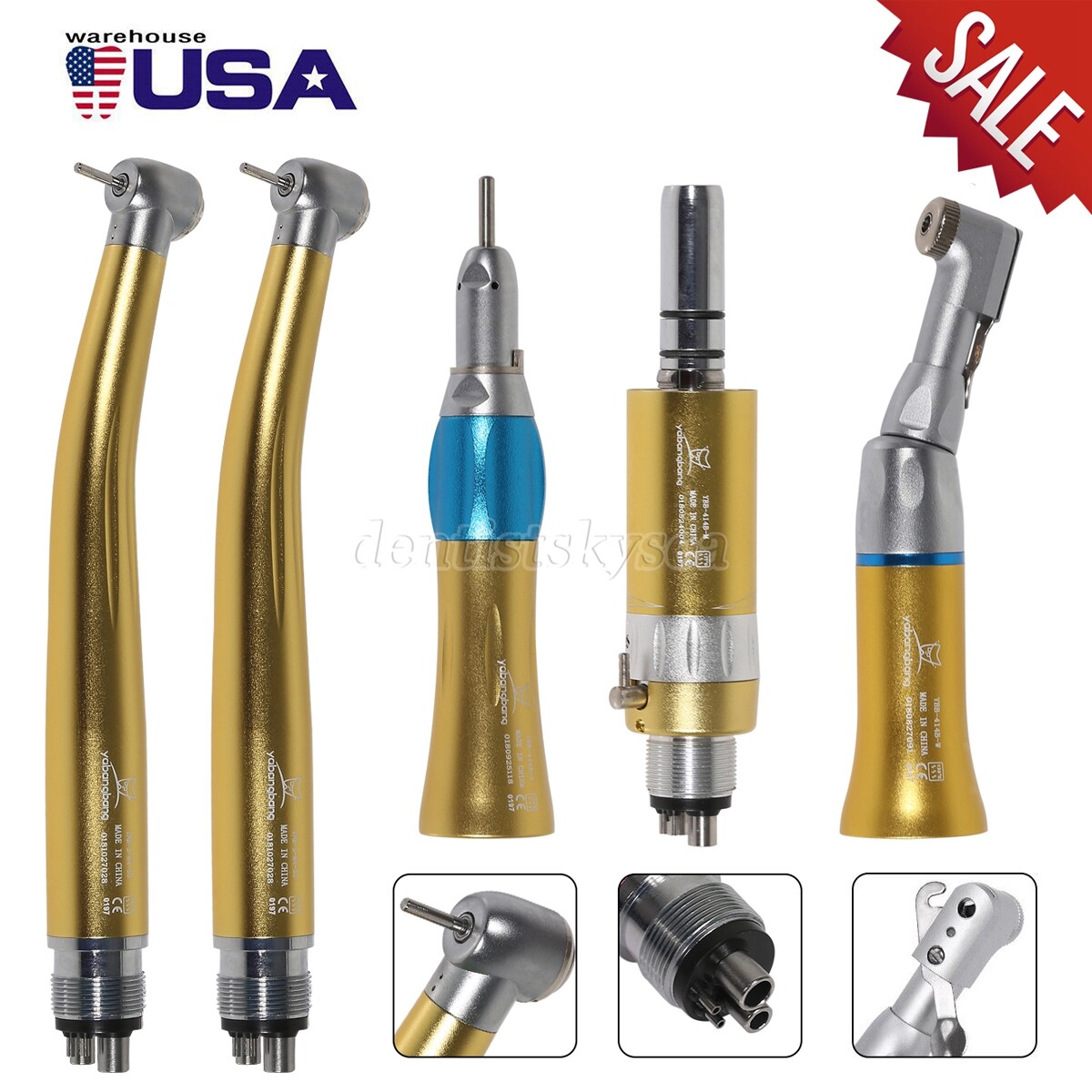 High Speed /Low Speed Handpiece Kit 4Holes Contra Angle Golden Dental