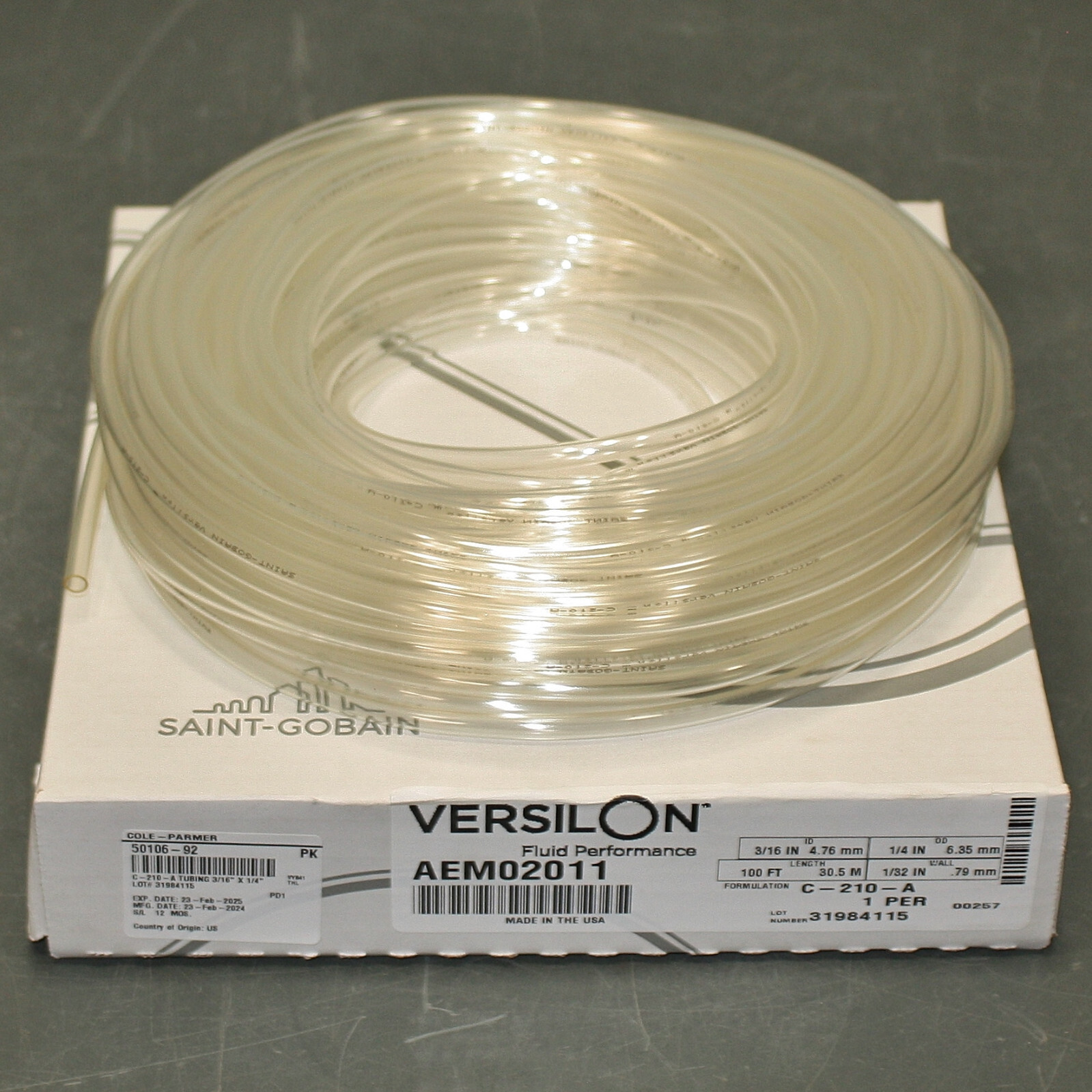 Tygon Versilon Tubing AEM02011, 3/16” x 1/4″ x 100ft, C-210-A, Polyurethane