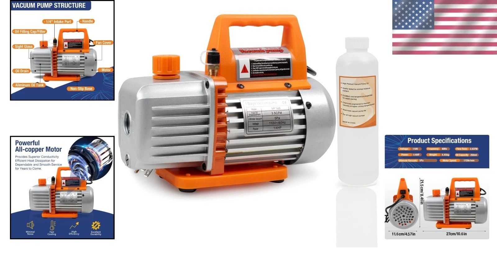 3.5CFM HVAC Vacuum Pump 110V – Durable Rotary Vane for Refrigerant Recharging