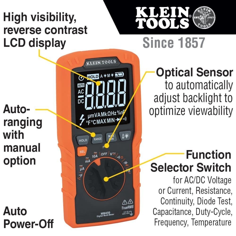 Slim Digital Multimeter Auto-Ranging TRMS 600V AC/DC Voltage Current Resistance