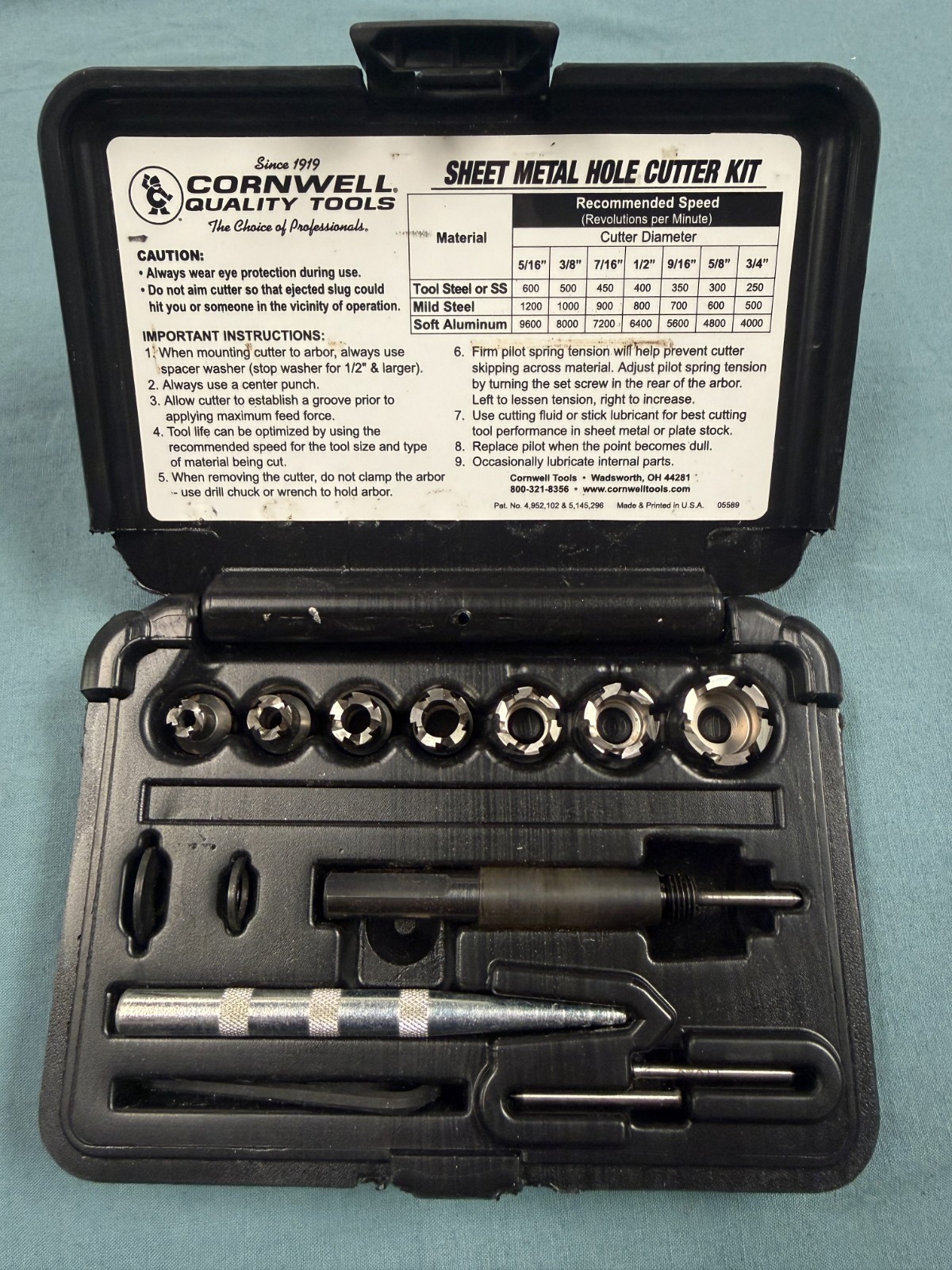 Cornwell Tools BE11090CW Sheet Metal Hole Cutter Kit- Fractional