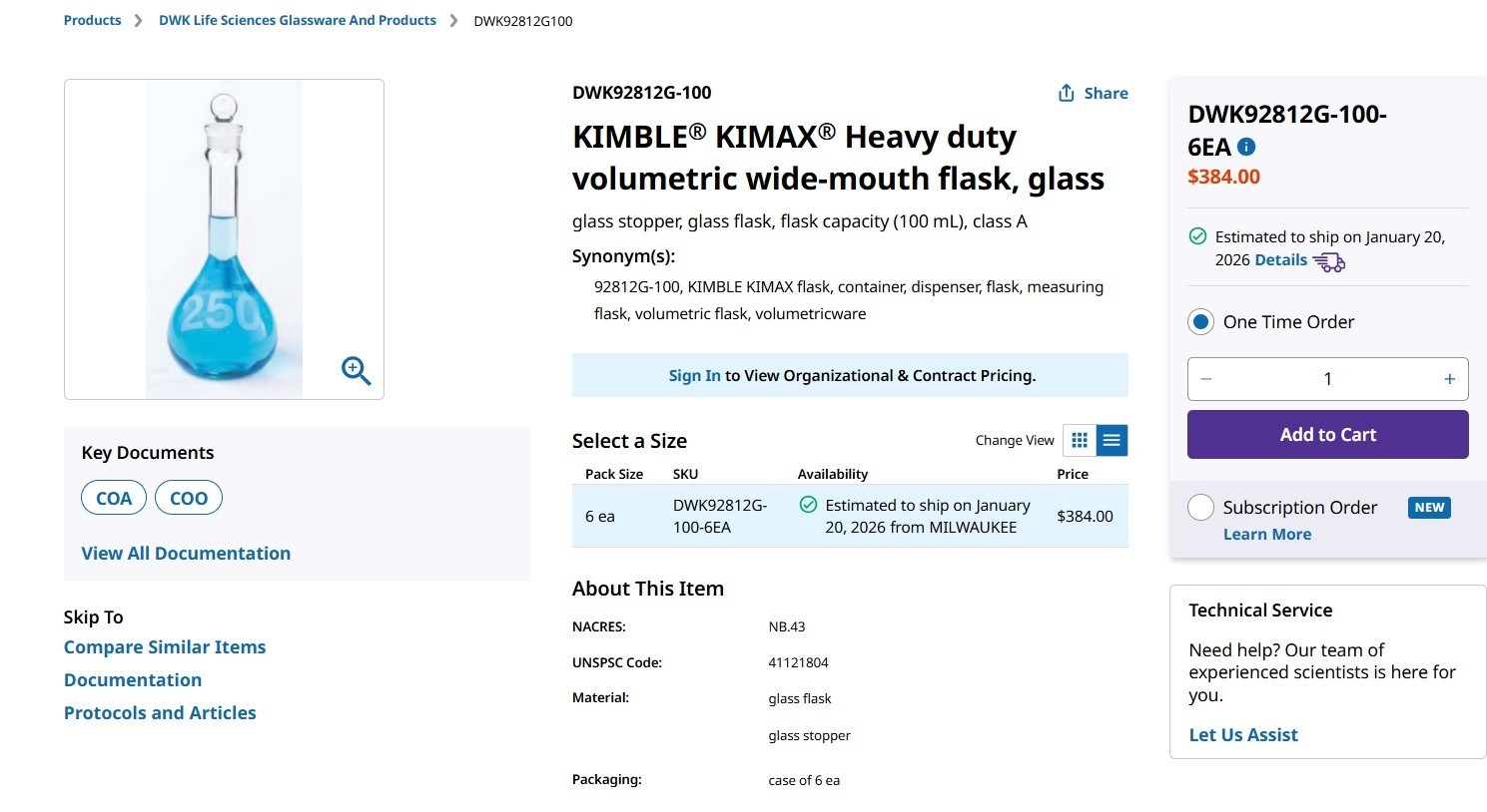 KIMBLE KIMAX Glass 25mL Heavy-Duty Volumetric Flask #13 GLASS Stopper DWK92812G-