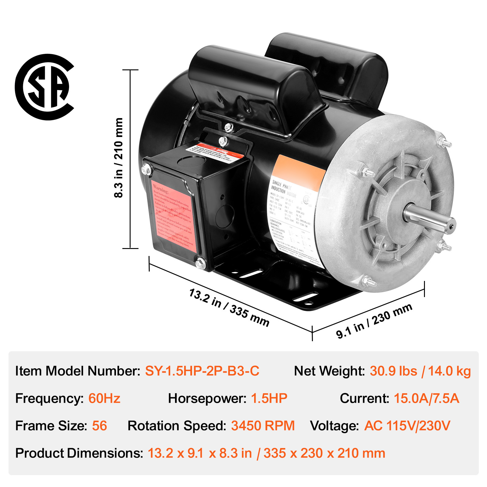 VEVOR 1.5HP Electric Motor 3450RPM AC115V/230V 56 Frame 1-Phase 5/8″ Keyed Shaft