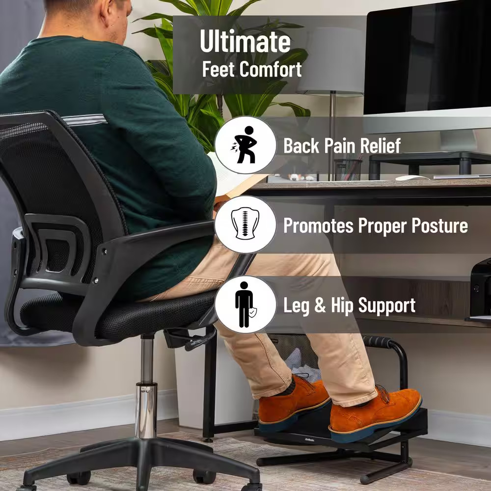 Black Adjustable Foot Stool Ergonomic Foot Rest under Desk at Work 14.25 In. W