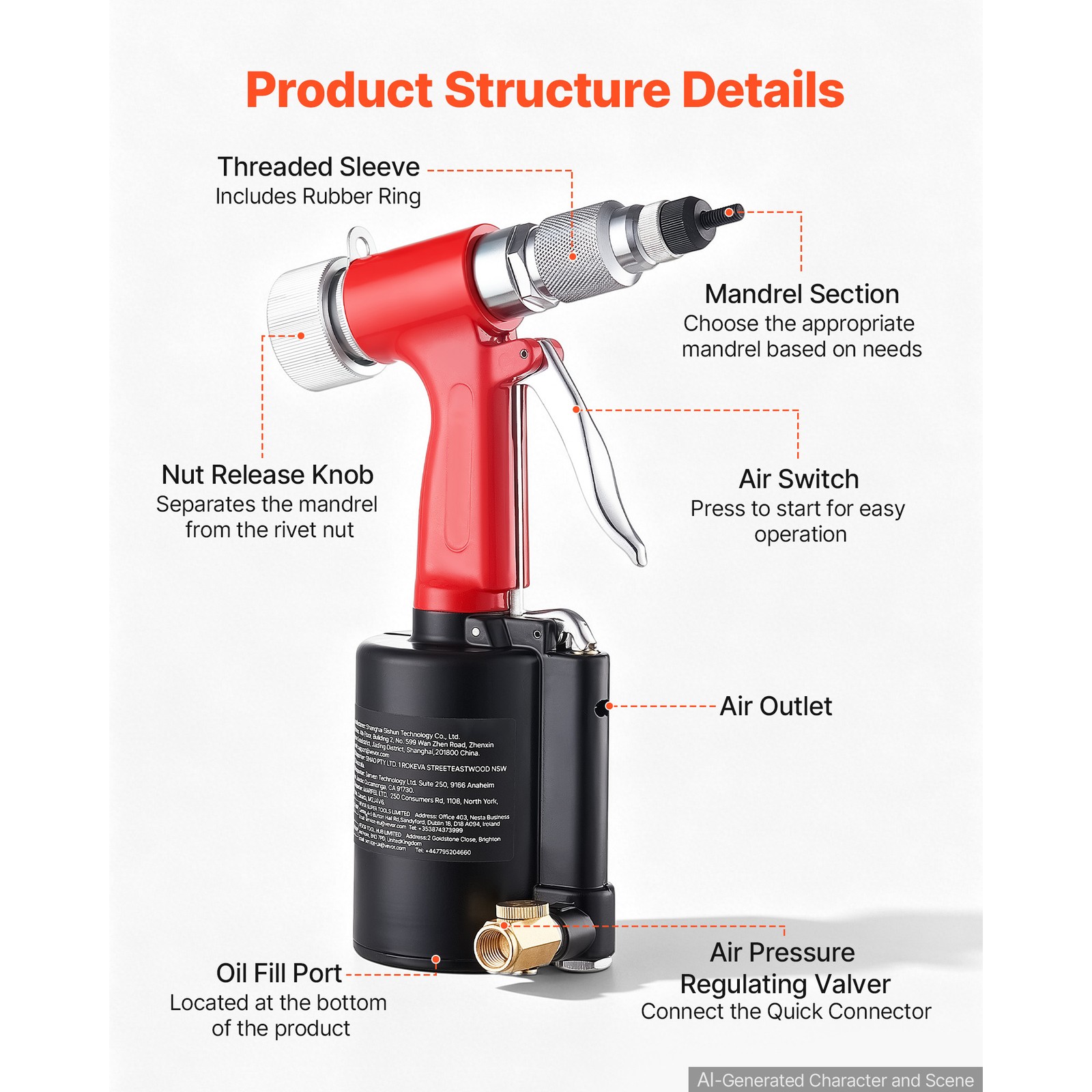 Uimoso Pneumatic Rivet Nut Tool Kit with 8 SAE & Metric Heads, 2680LBS Force