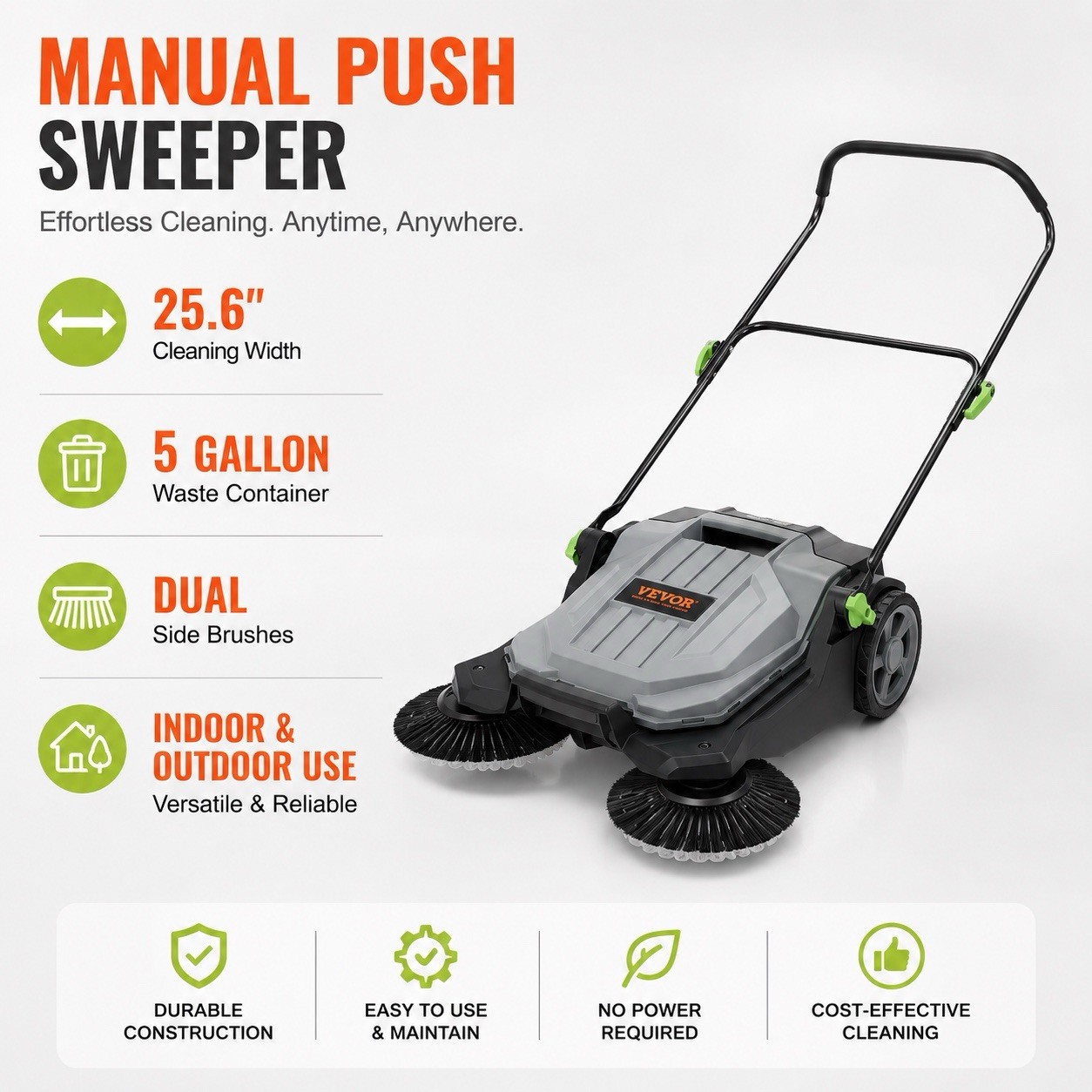 VEVOR Walk-behind Hand Push Floor Sweeper 25.6″ Width 5 Gallon Waste Container