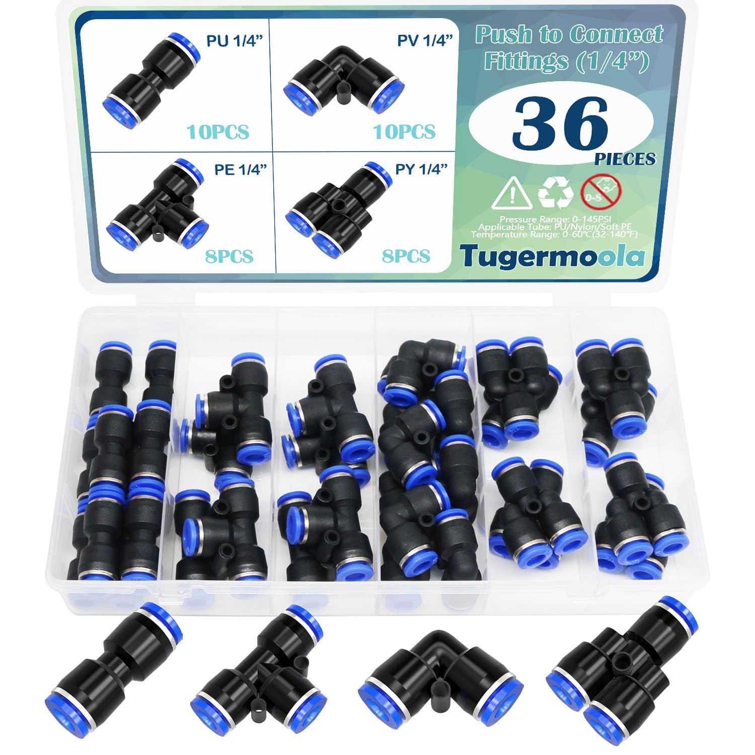 36PCS 1/4″OD Push to Connect Fittings Kit Quick Connect Air Hose Fittings 1/4…