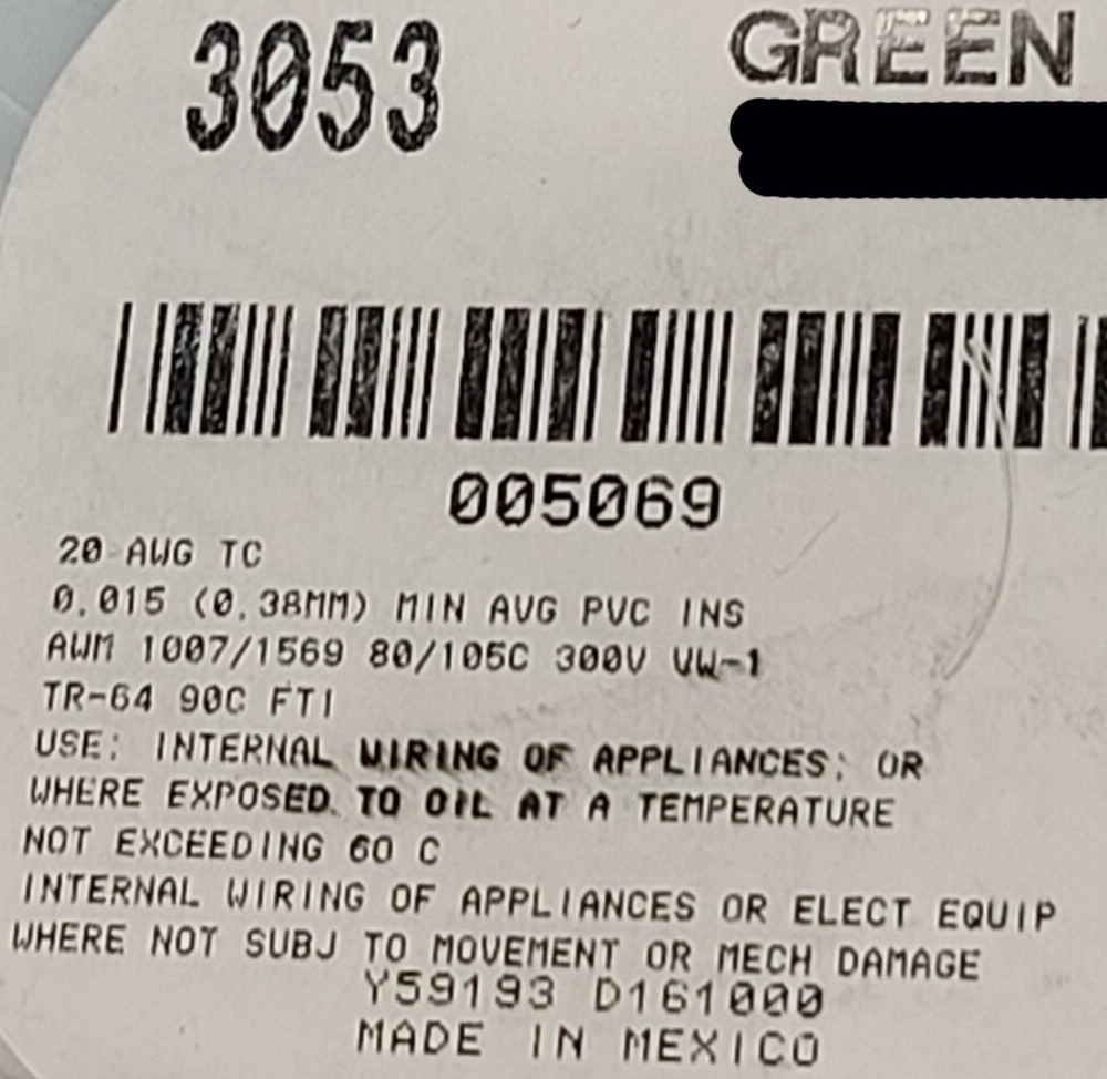 Alpha Wire 3053 #20awg Tinned Copper UL1569/1007 Hook-Up Wire 300V Green /50ft
