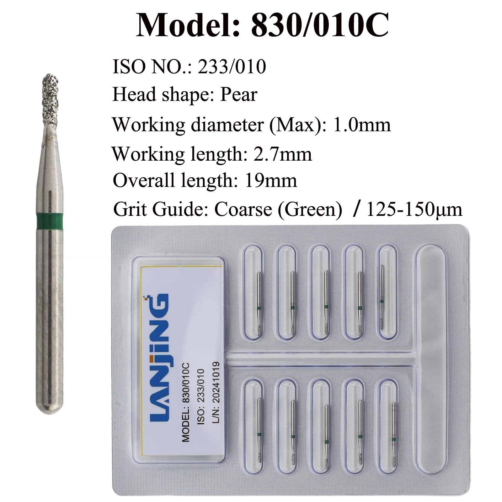 Dental Diamond Bur Pear 830 Long Pear 830L Coarse Medium FG 330 Burs High Speed
