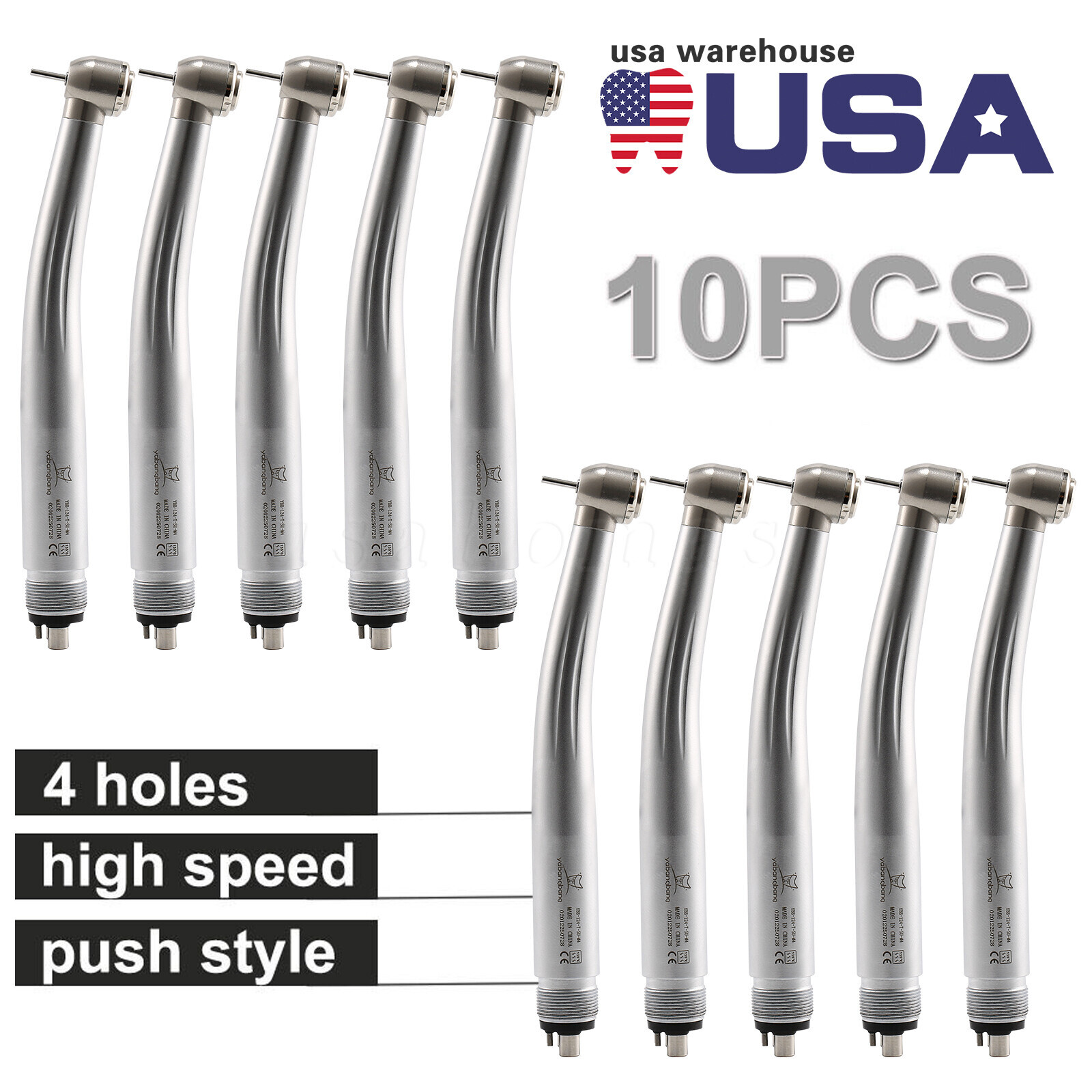 10 Pcs USA Dental High Speed Turbine Handpiece Push 4Hole Fit NSK PANA MAX YDA4