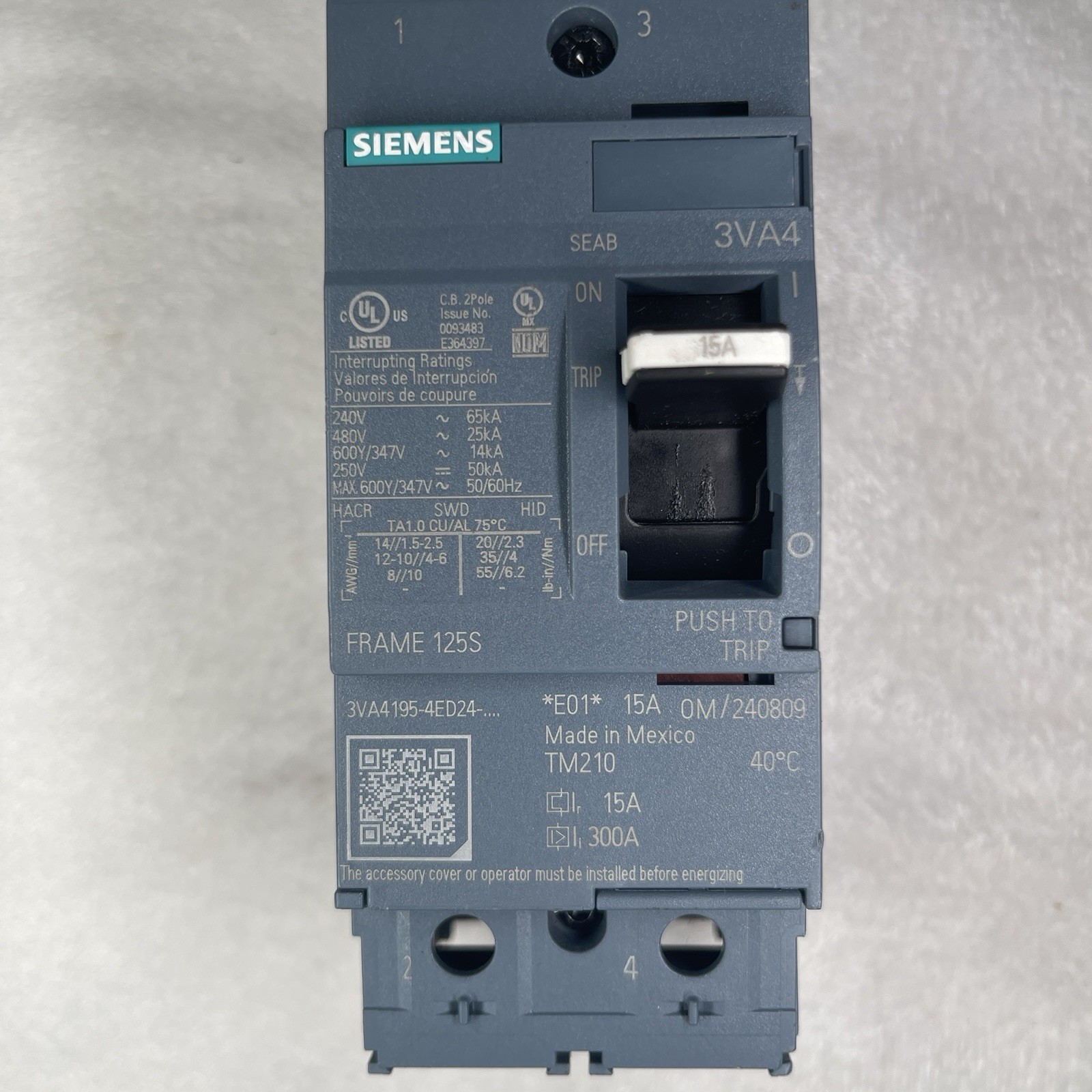Siemens 3VA4195-4ED24-0AA0 15 Amp 600Y/347 V 2 Pole Circuit Breaker 25 kA @ 480V
