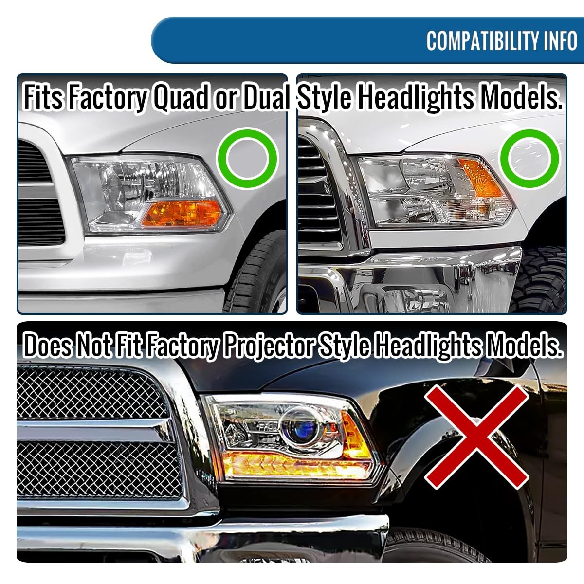 LED Quad Projector Headlights 09-18 for Ram 1500-3500 19-24 for Ram 1500 Classic