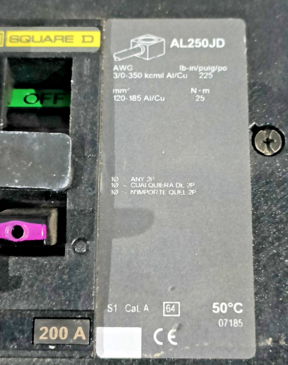 SQUARE D POWERPACT JJ 250 JJA36200CA 200A 3P CAT A CIRCUIT BREAKER 07184 J FRAME