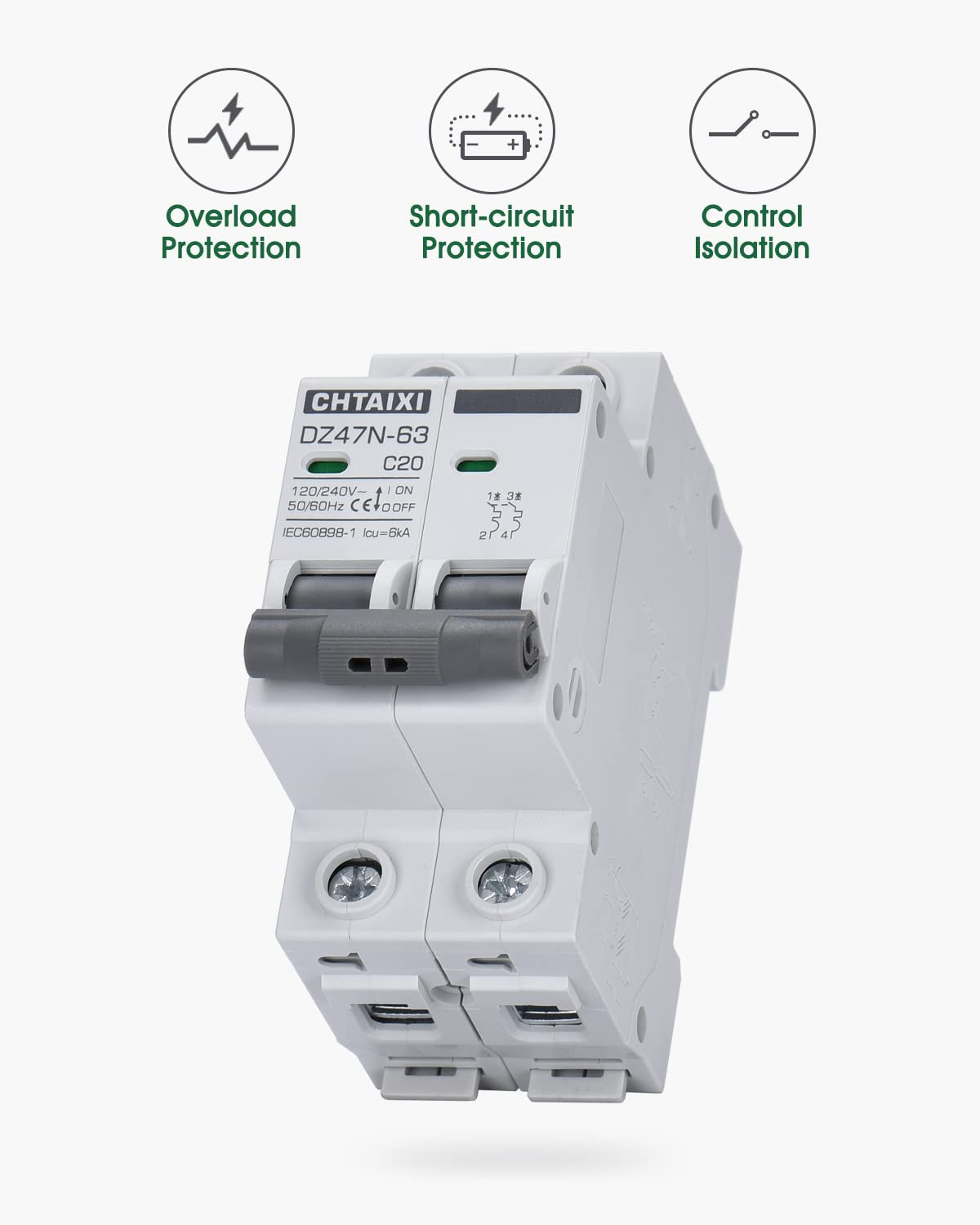AC Miniature Circuit Breaker, 20 Amp 120V/240V 2 Pole DIN Rail Mount Circuit