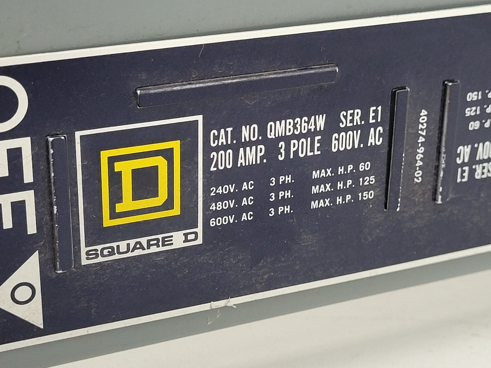 QMB364W Square D 200A 600V Fusible Switch w/ A6D200R 200A Fuses -Next Day Option