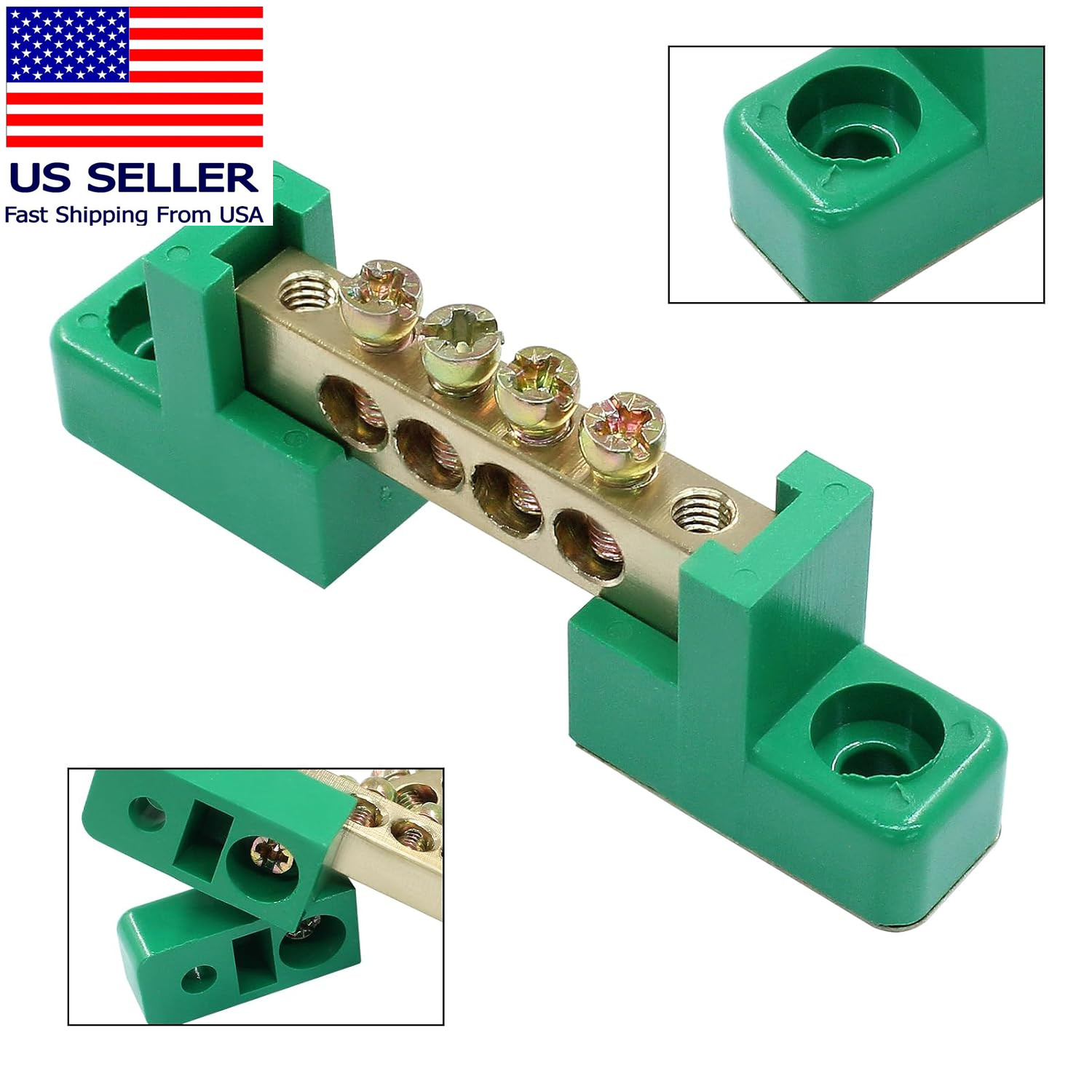 2 Pack Brass Terminal Bus Bar 4 Positions Screw Terminal Grounding Strip Block –