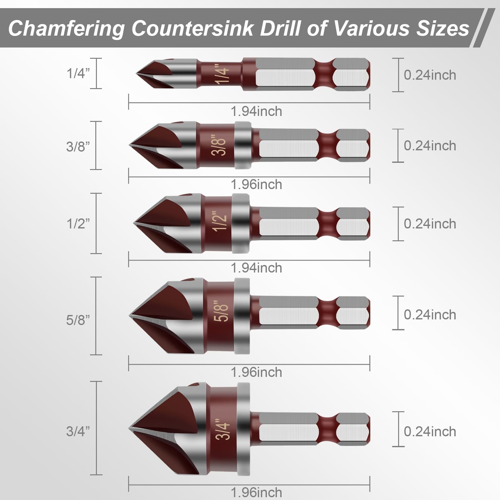 5PCS Countersink Drill Bit Set, 1/4″ Hex Shank 1/4”, 3/8”, 1/2”, 5/8”, 3/4”