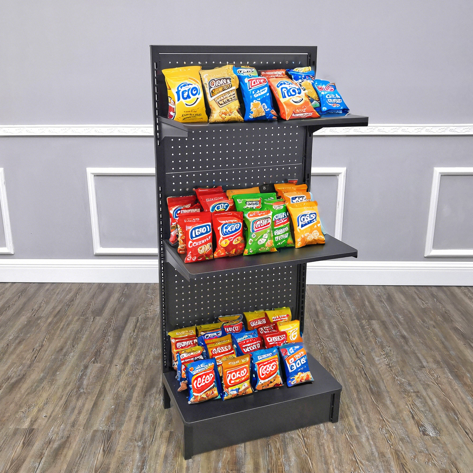 24.0″ Wide Gondola Rack Stand with Two Shelves Black Pegboard Display