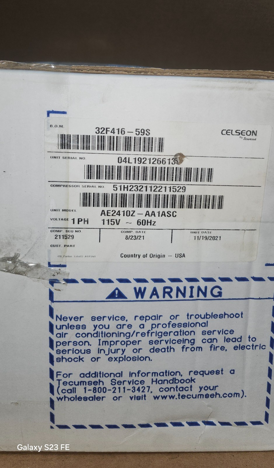 NEW Tecumseh 32F416-59S 1/4 HP Low Temp Condensing Unit R-404A 115V 1-PH