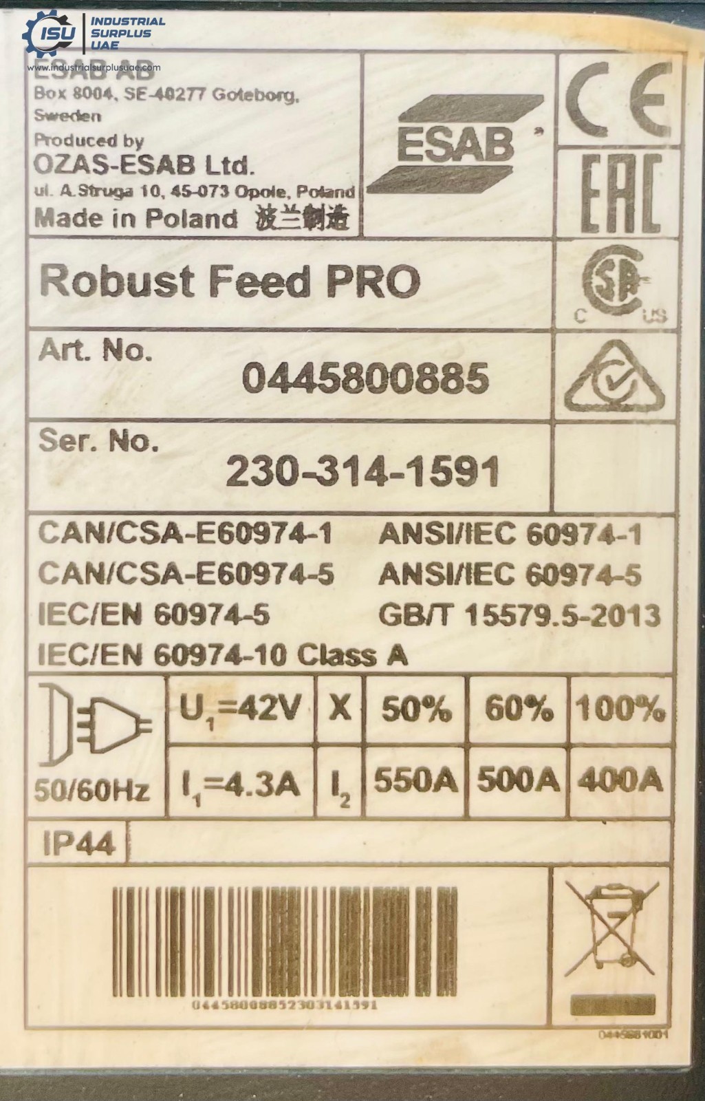 Esab Robust Feed PRO Portable Wire Feeder Article No.0445800885