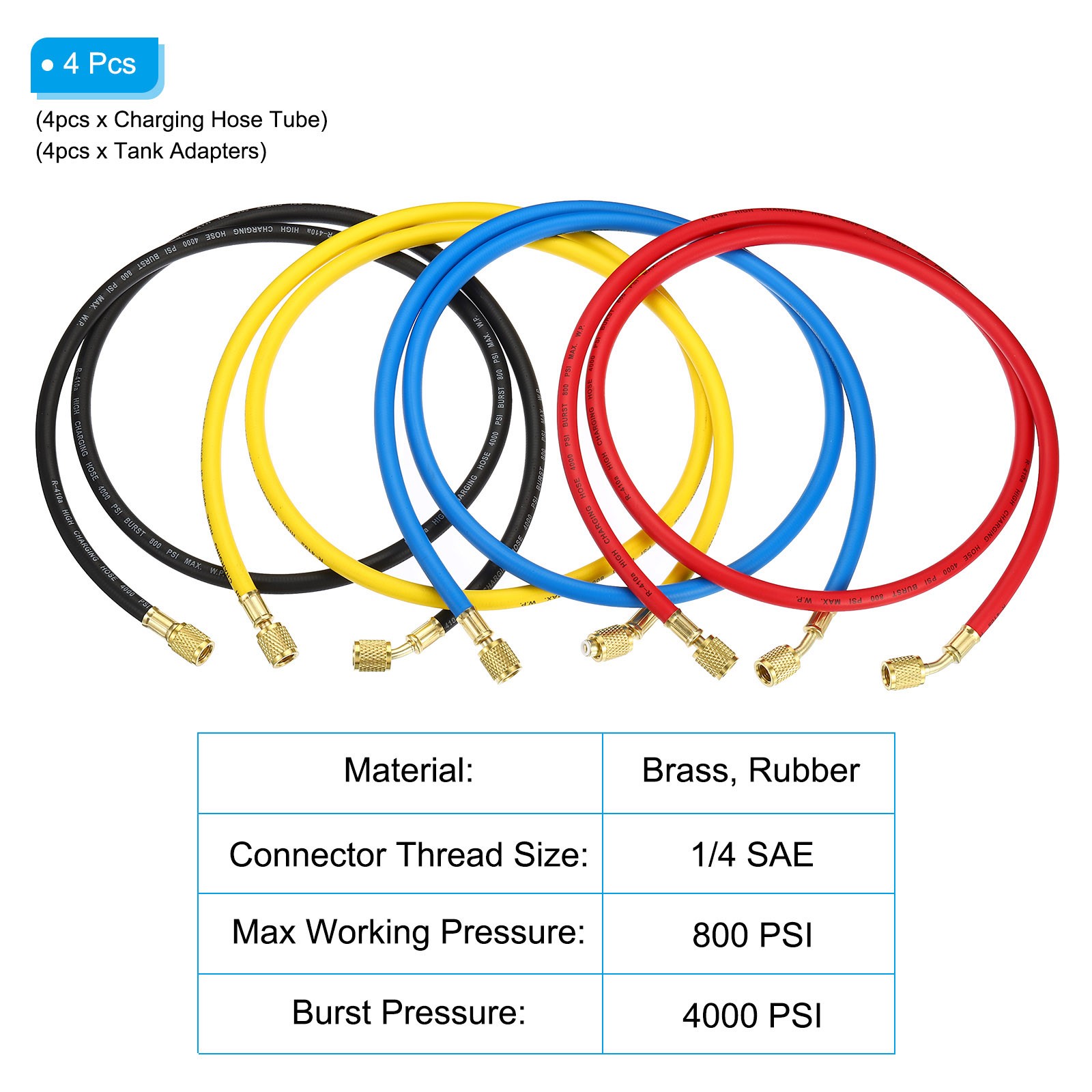 4Pack 1/4SAE Refrigerant Charging Hose 4.9ft 800PSI Manifold Gauge Hose for HVAC