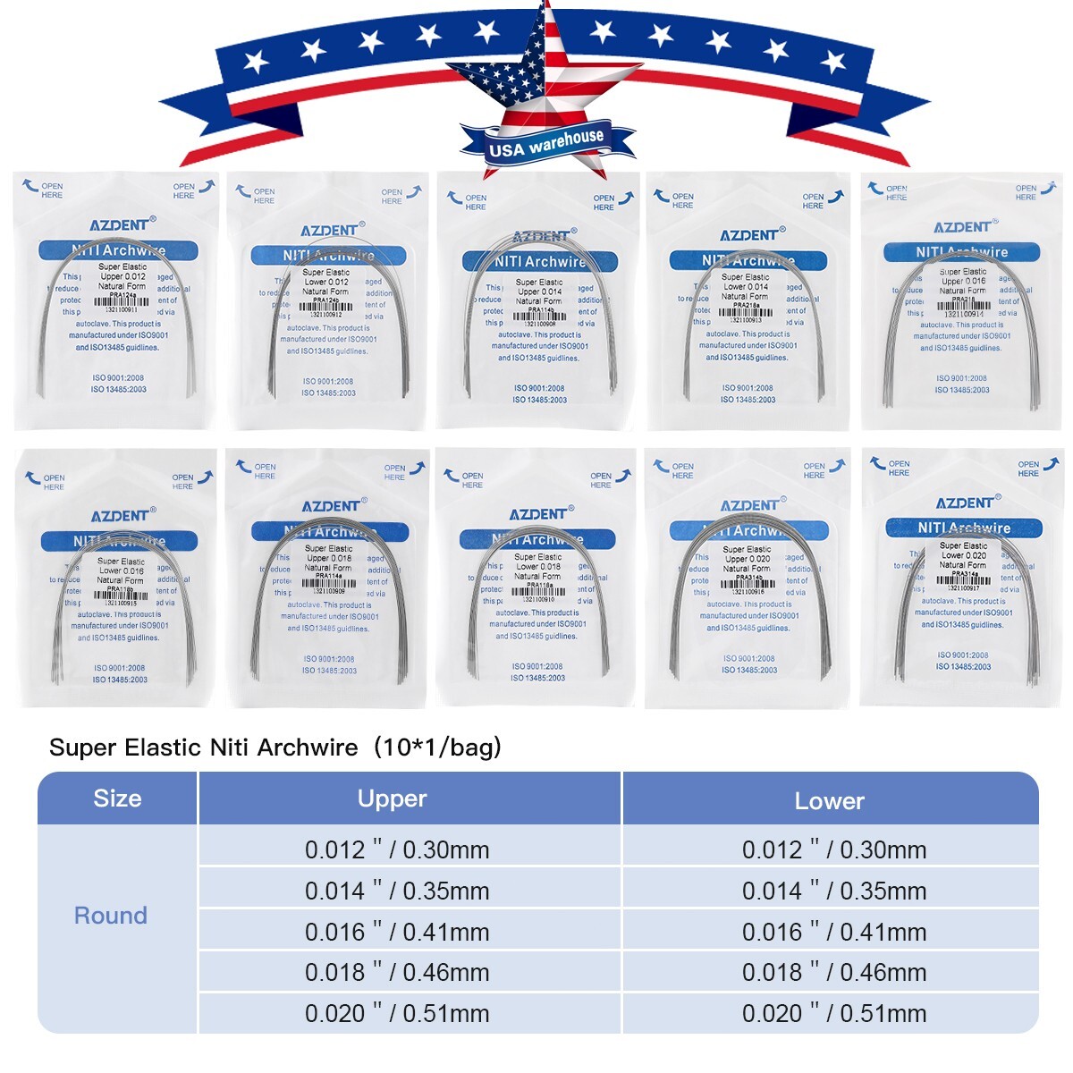 AZDENT Dental Orthodontic Super Elastic Arch Wires Round Niti/Stainless Steel