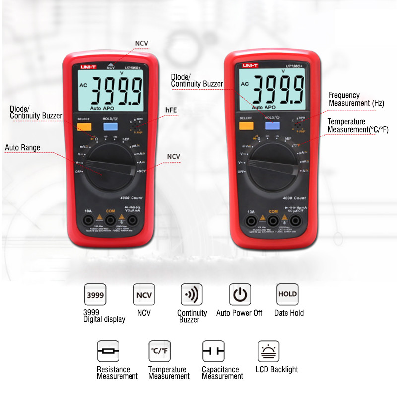 UNI-T UT136B+ Handheld Digital Multimeter Auto AC/DC DMM 1KV 10A NCV Cap tester
