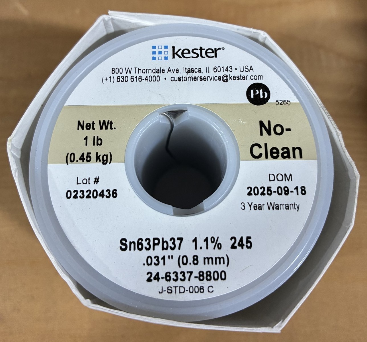 Kester 24-6337-8800 Solder Wire, No Clean, Leaded, Sn63Pb37, 1.1%, 0.031″ Dia.