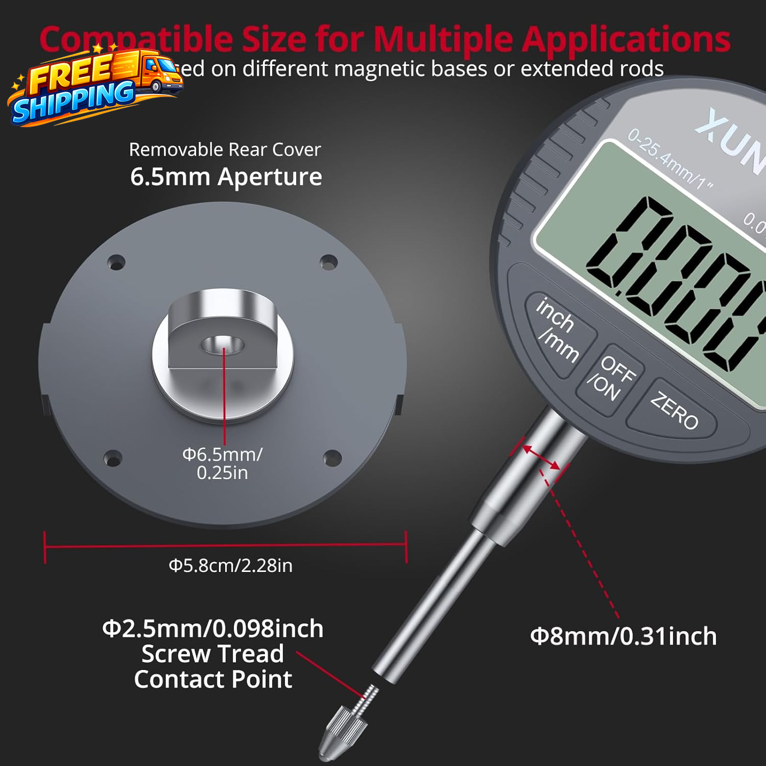Digital Dial Indicator 1Inch/0.0005Inch LCD Display Electronic Dial Test