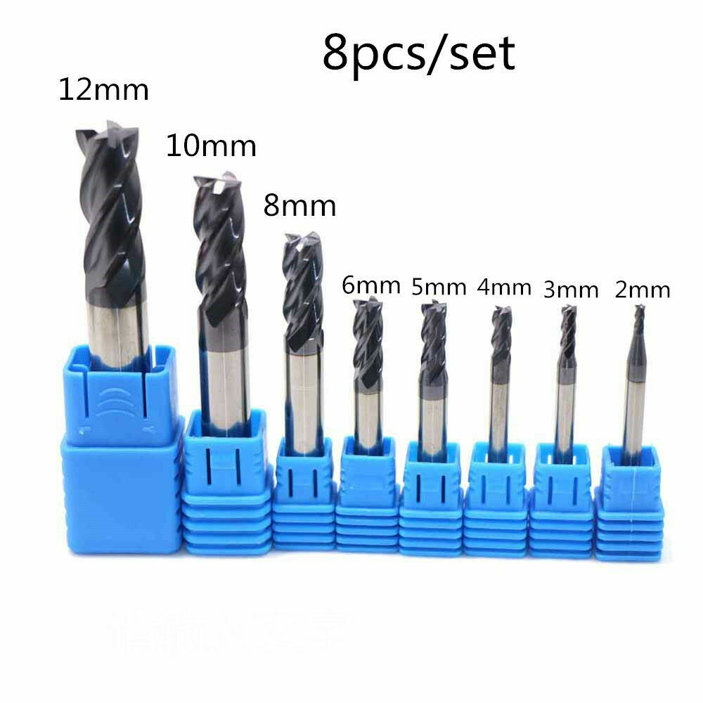 8pcs 4Flutes Tungsten Carbide End Mill Set Milling Cutter Tool 2mm-12mm HRC50