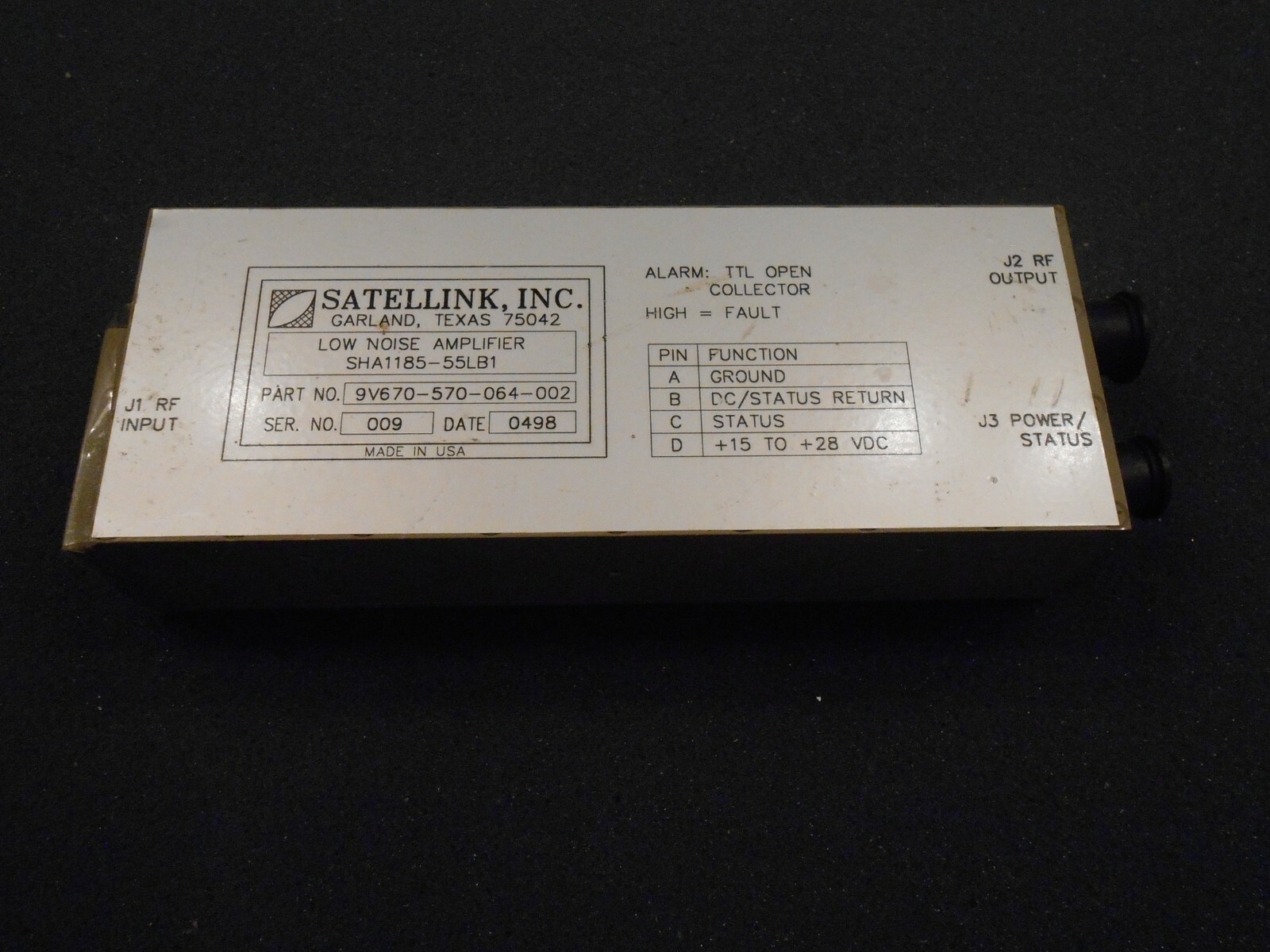 KU BAND LNA, SATELLINK SHA1185-55LB1, P/N 9V670-570-064-002