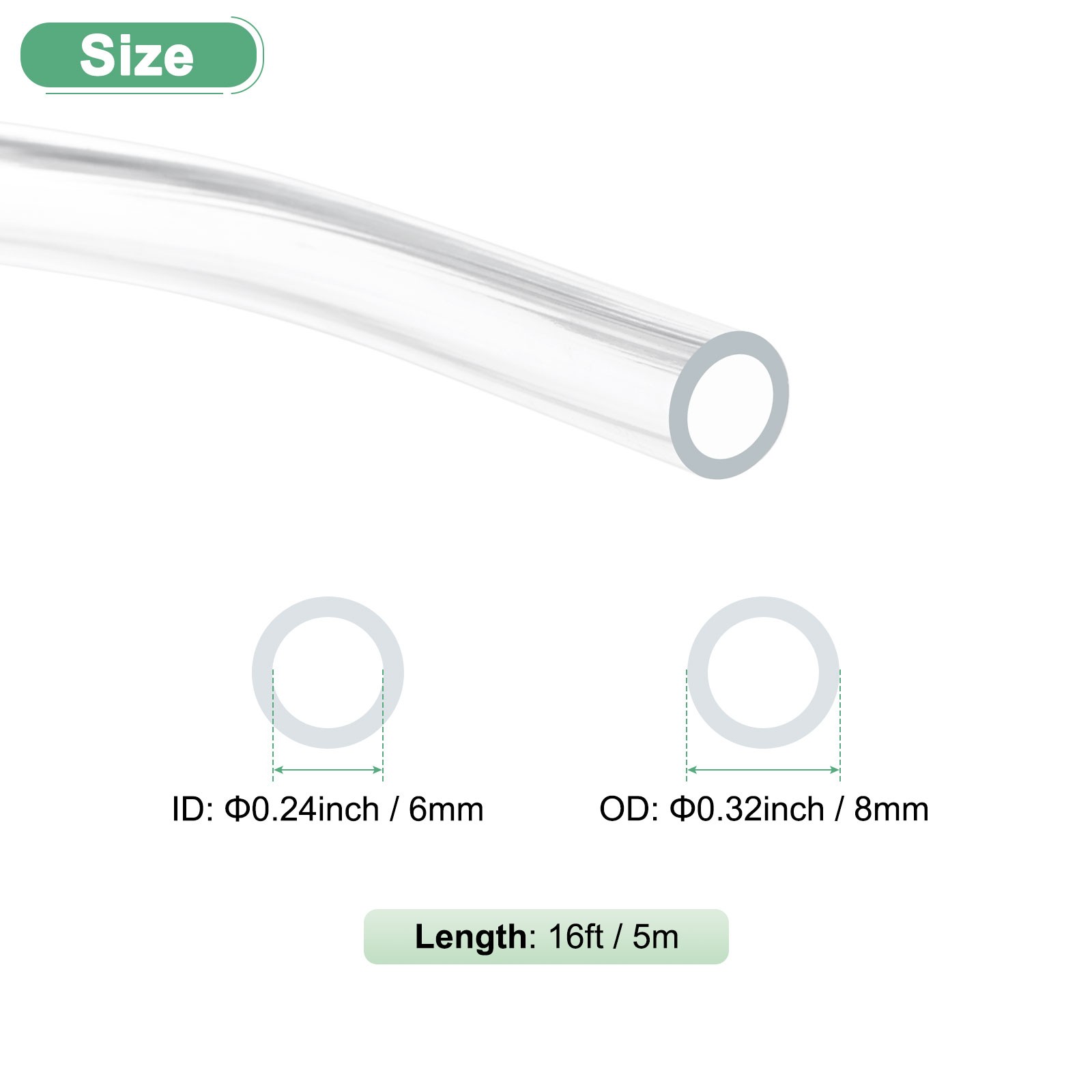 Clear Plastic Tubing, 0.24Inch(6mm) ID 0.32Inch(8mm) OD, 16ft(5m) Length