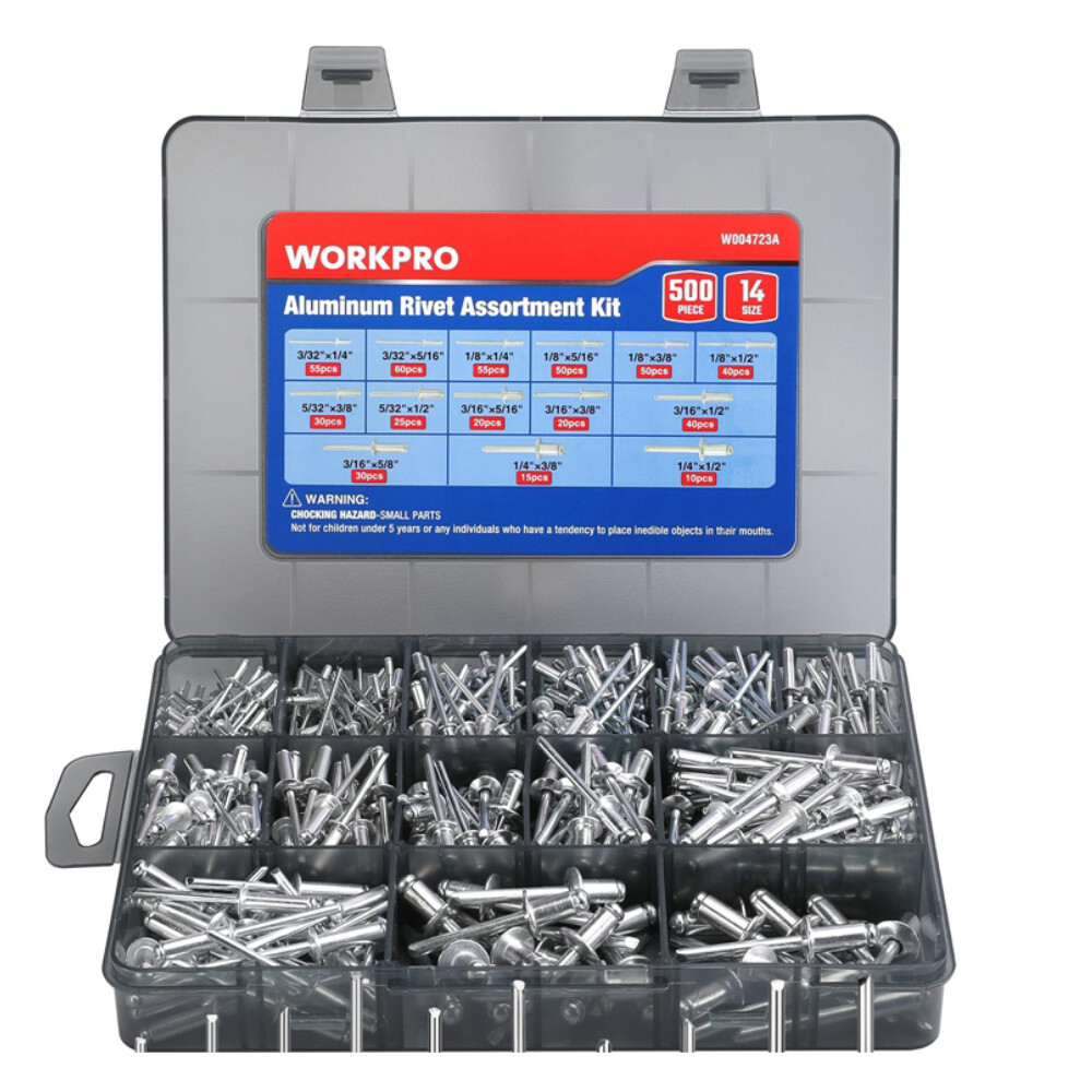 WORKPRO 500pc Aluminum Blind Rivets 14Size Pop Rivets Assortment Kit Case-Sliver