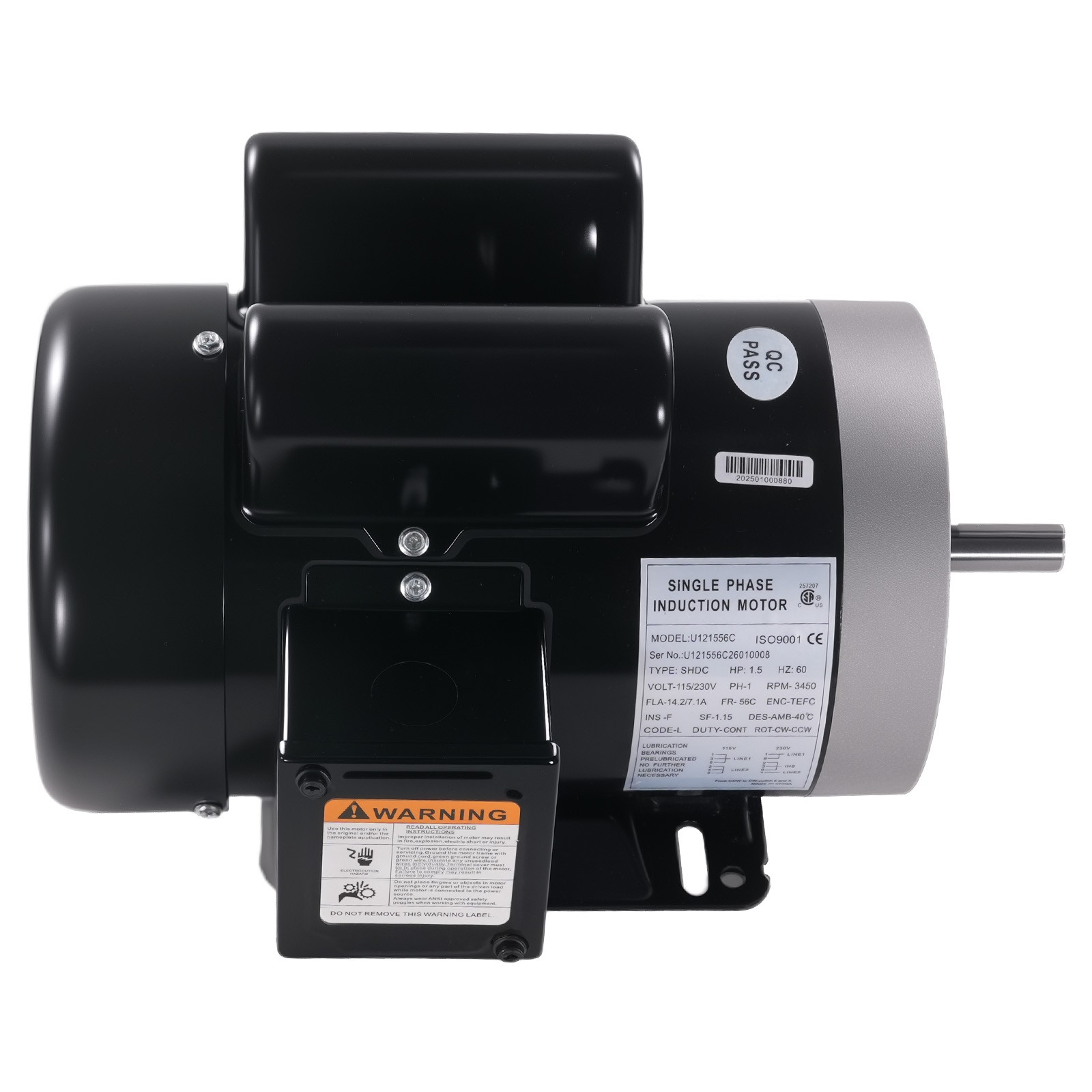 1.5HP 115V/230V Single Phase Electric Motor 3450RPM 56C Frame ODP CCW Rotation