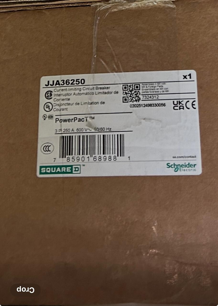 Square D JJA36250 – 250A, 3pole, 600VAC, 18kA, I-Line, Made in Mexico