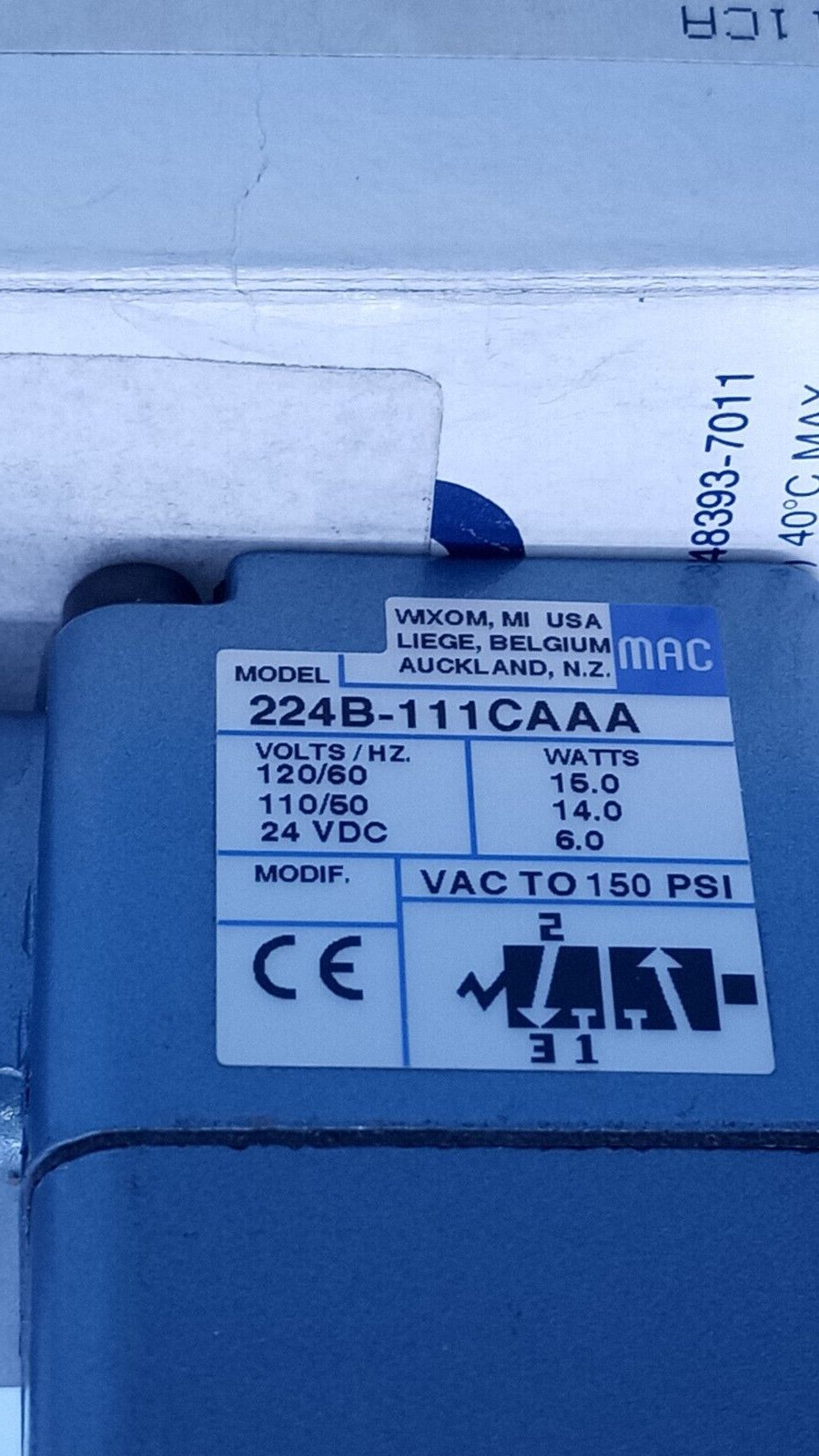 MAC 224B-111CAAA, Pneumatic Solenoid Valve, 110/120 V, 50/60 HZ, 24 VDC, 15.0 W