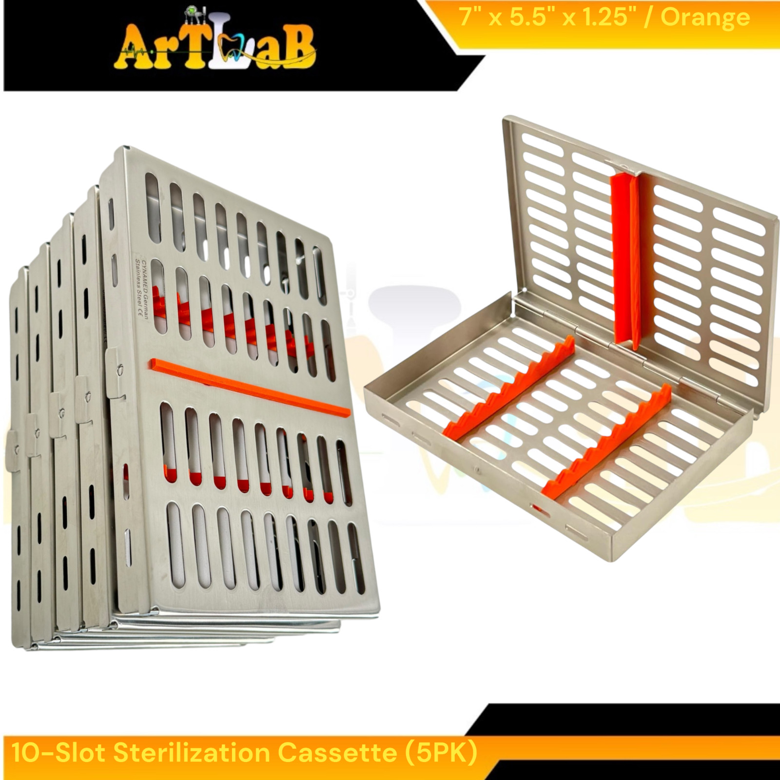 7in x 5.5in x 1.25in Sterilization Cassettes with 10-Slot Inserts Pack of 5