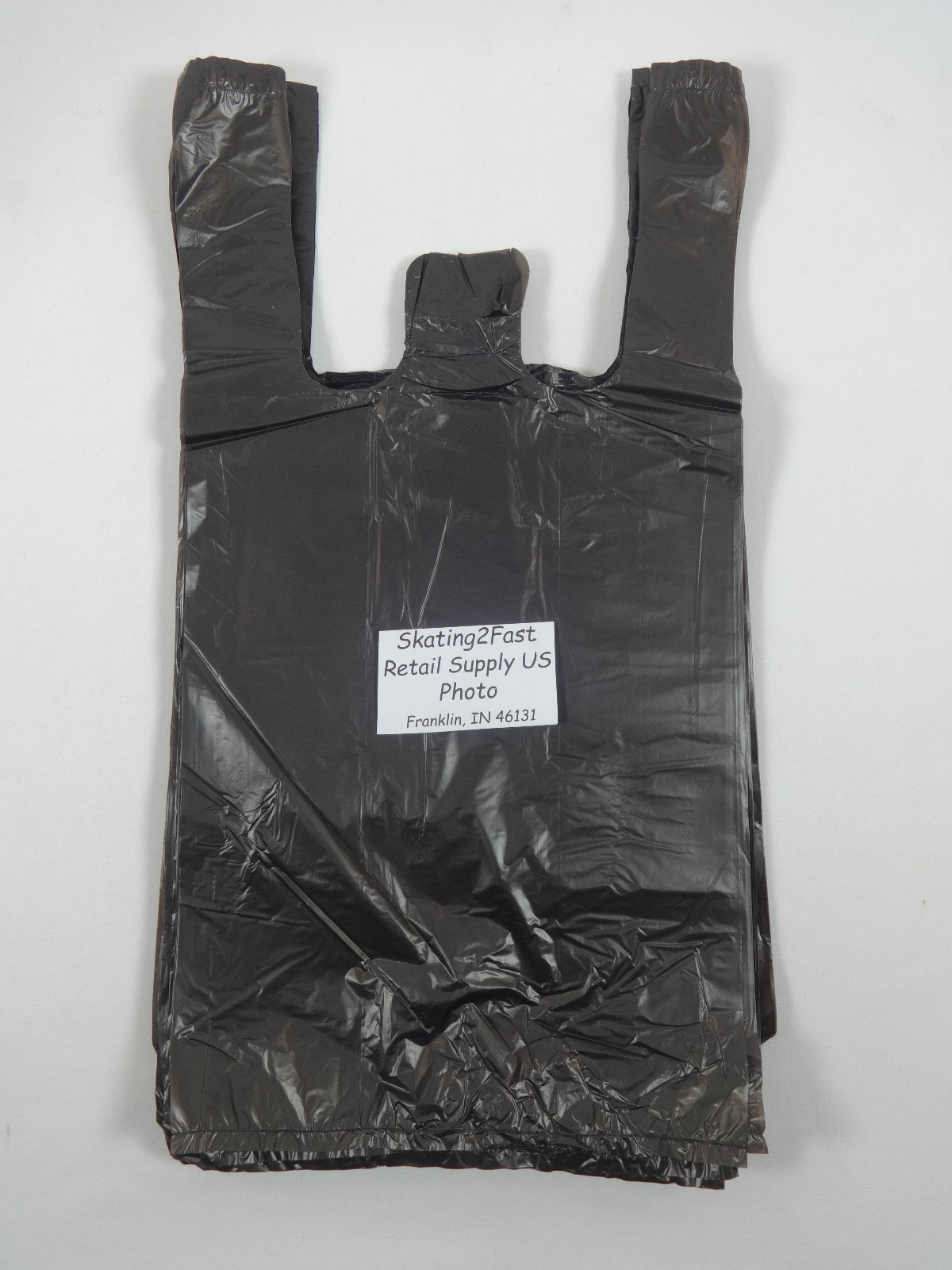 100 Qty. Black Plastic T-Shirt Retail Shopping Bags w/ Handles 8″ x 5″ x 16″ Sm