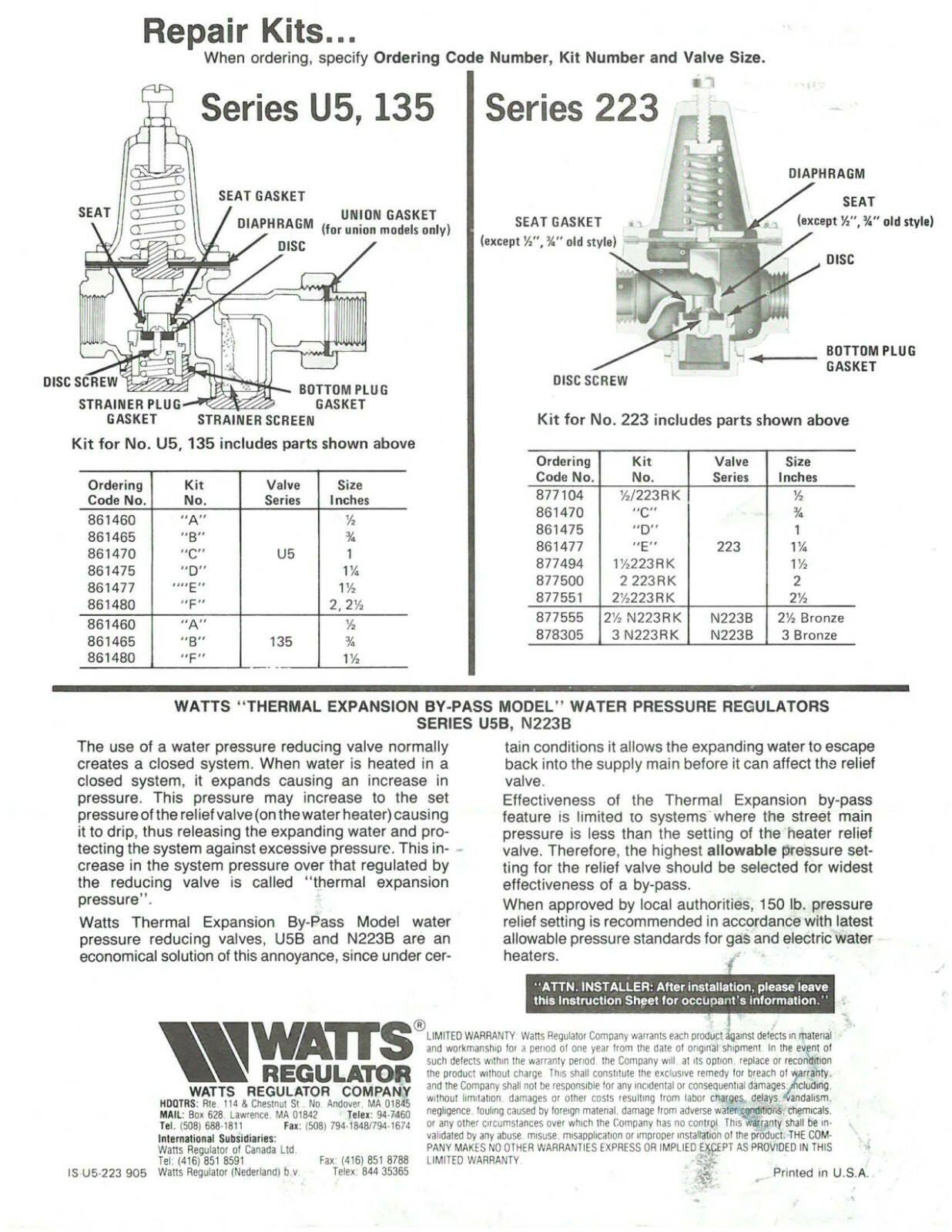 Watts Regulator Co. – 3/4 inch U5B Water Reducing Valve and Strainer NIB