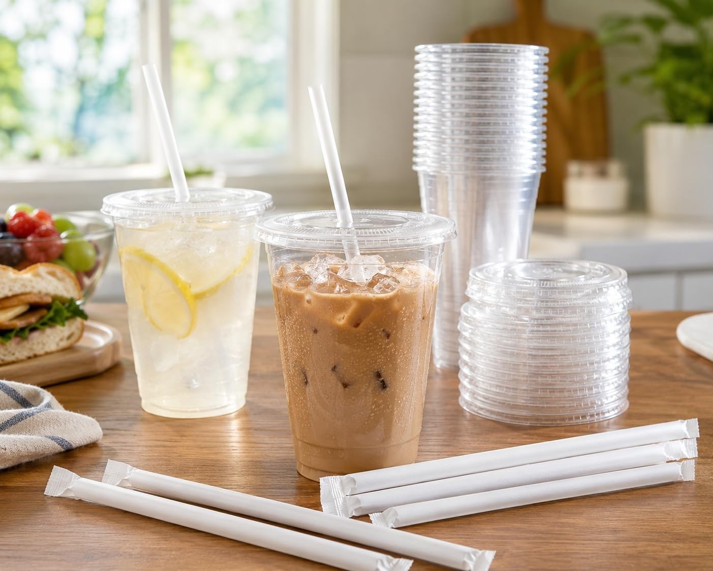 100 Pack Plastic Iced Coffee Cold Cups w/ Lids and Straws, To-Go Disposable