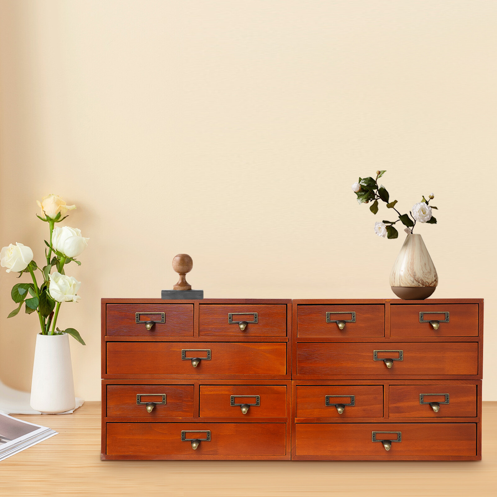 4 Pack 3 Drawer Wooden Desktop Organizer Drawer Storage Box For Tabletop- Brown