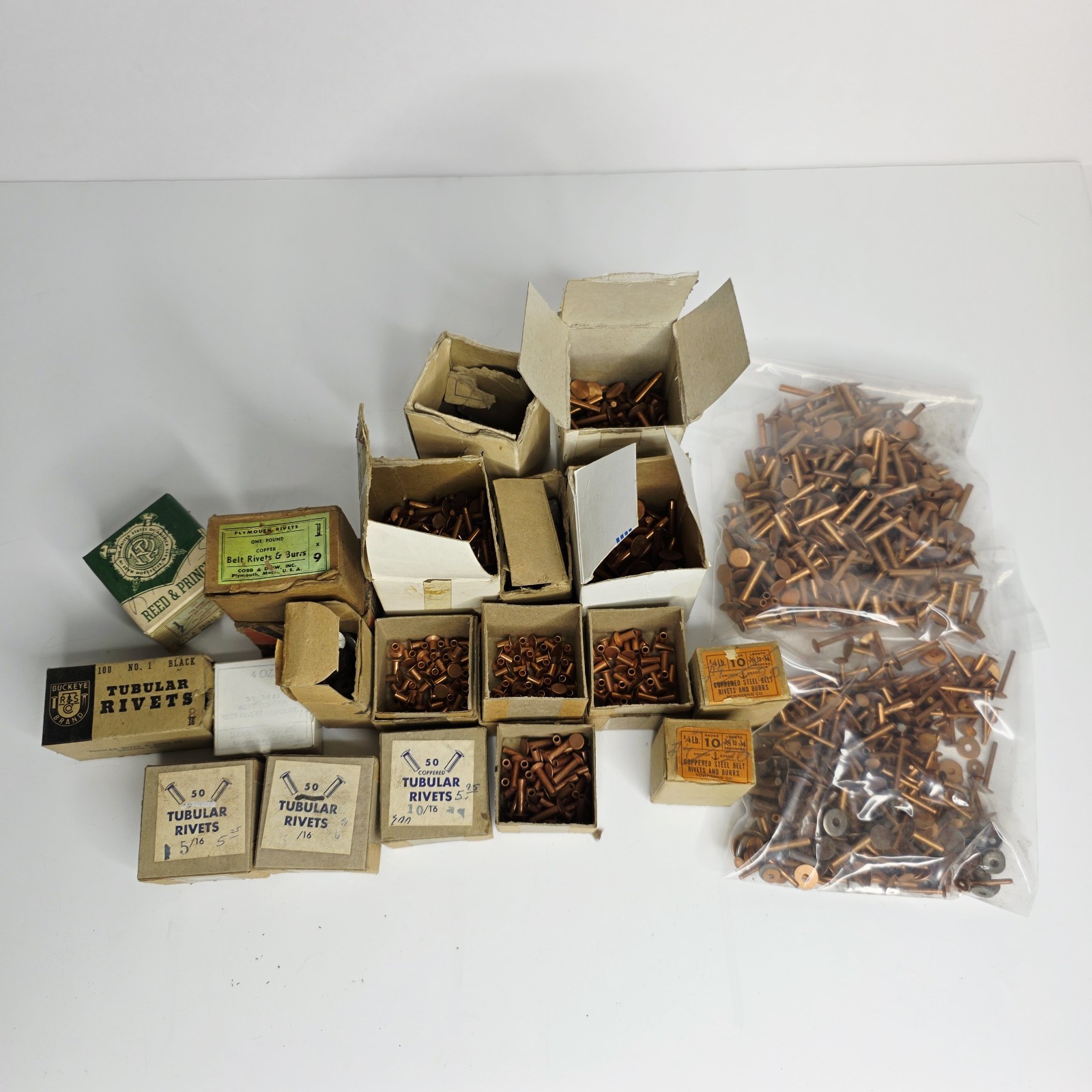 8 Pounds Vintage Copper Steel Belt Fasteners Tubular Rivets Burrs Boxes Lot Bulk