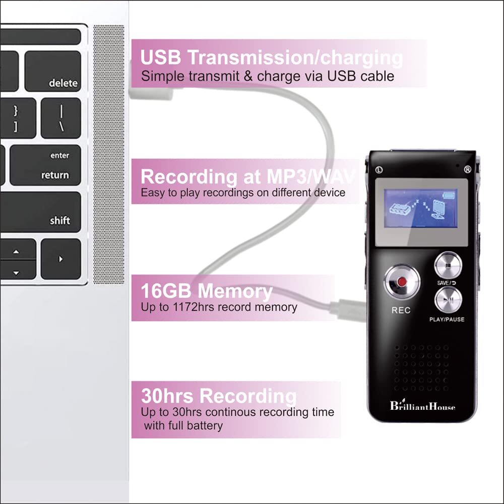 BrilliantHouse 16GB Digital Voice Recorder 1536KBPS Portable with Accessories