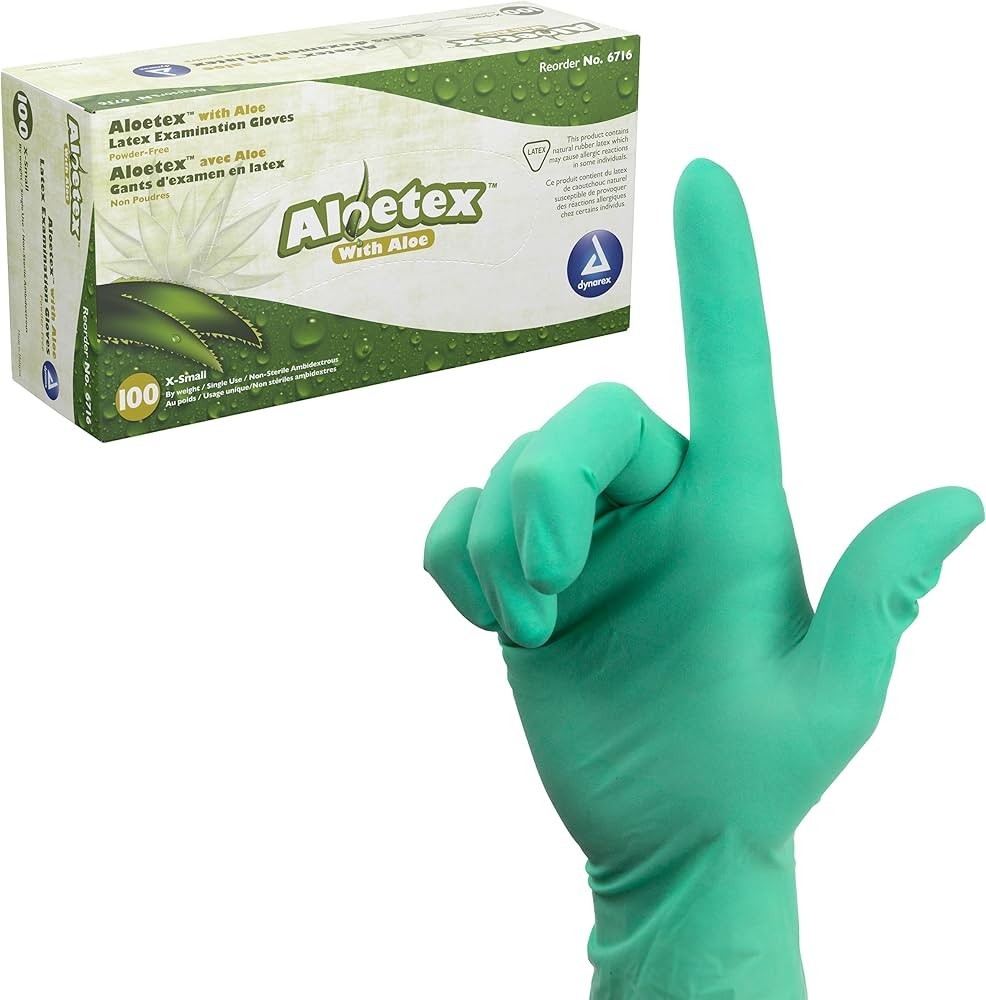 Dynarex Green Aloetex Latex Examination Gloves, Soothing Aloe, X-Small, 100/Box